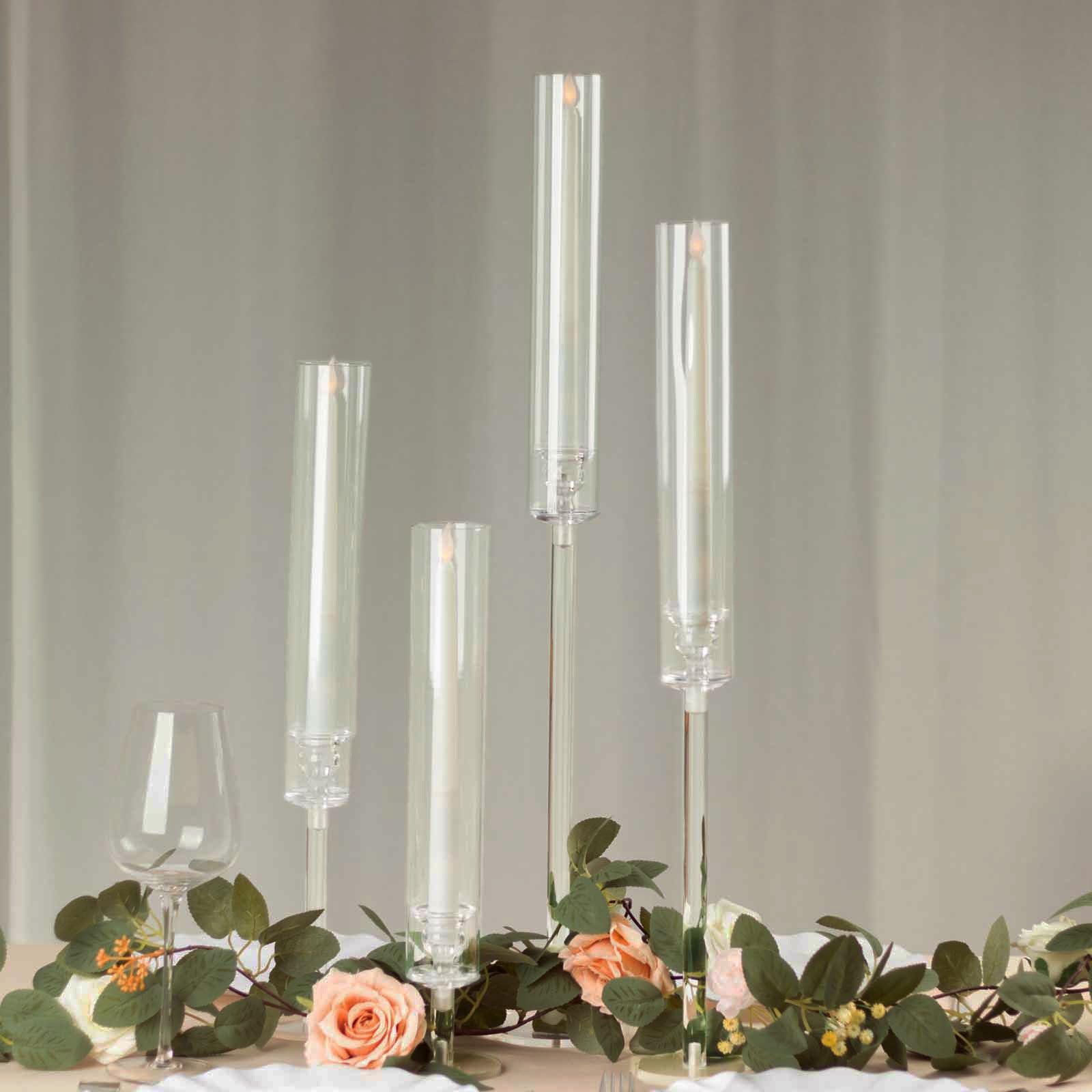 TABLECLOTHSFACTORY Set of 4 Clear Acrylic Taper Candlestick Holders, Hurricane Candle Stands with Tall Chimney Tube Candle Shades - 14