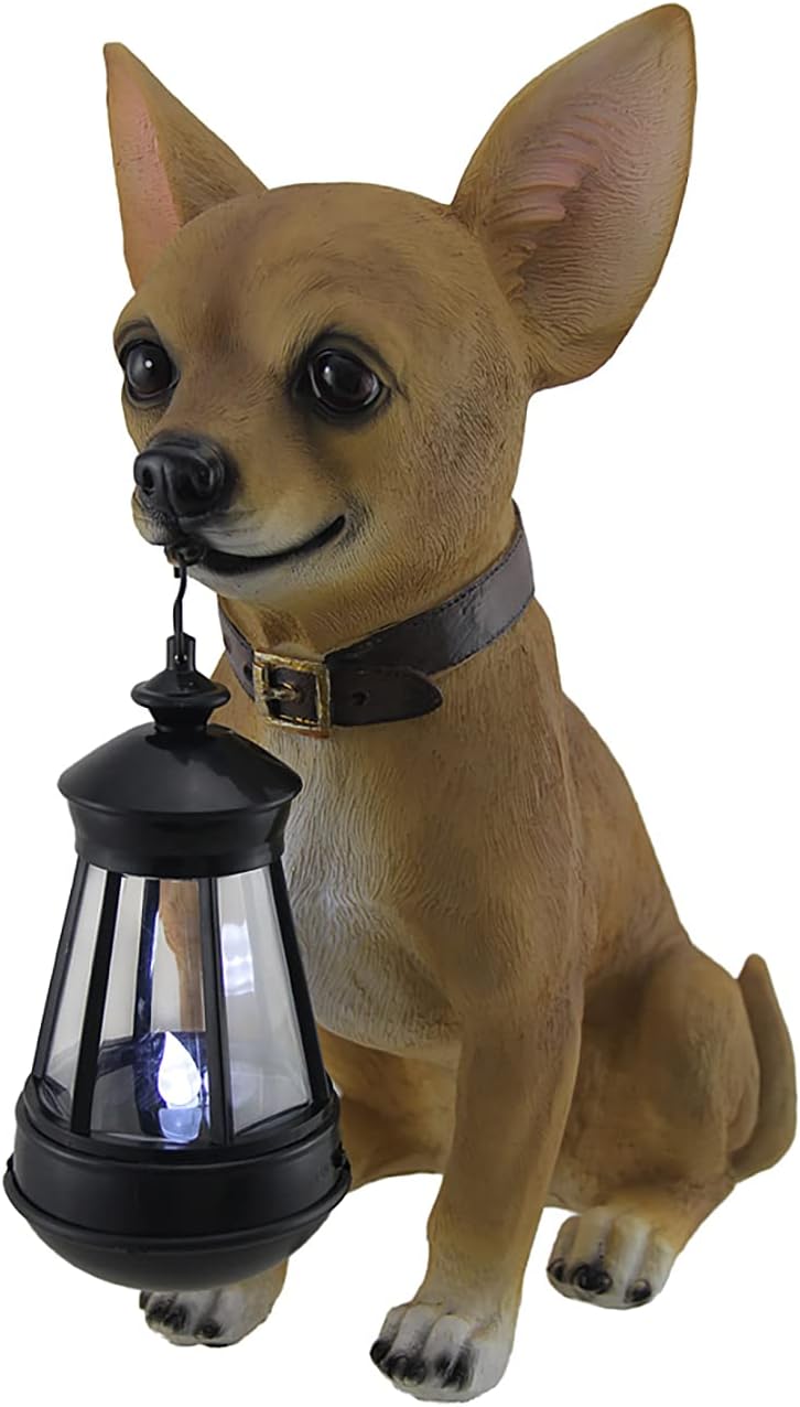 Zeckos Little Light Keeper: Chihuahua Statue with LED Lantern - Outdoor Decor Figurine for Garden, Patio, and Yard Accent Lighting - Obedient Companion for a Warm Welcome