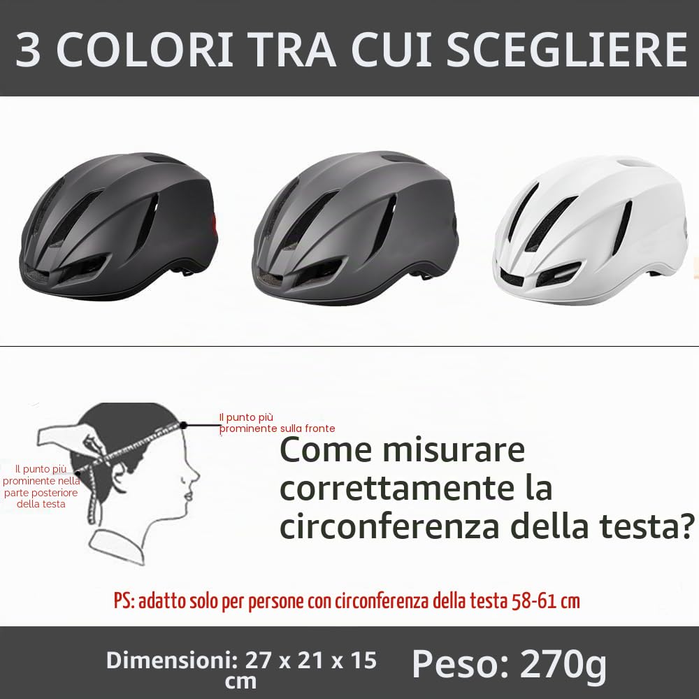 Casco da bicicletta con luce LED, ultraleggero, per uomo e donna, con luce posteriore, 56-60 cm
