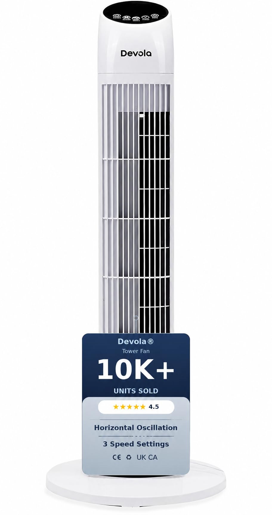 Devola Tower Fan with Remote Control 33-Inch | Quiet Cooling Fan, Oscillating & Standing Silent Electric Floor Fan for Bedrooms, Home & Office | 3 Speeds, 3 Modes, 12H Timer - DV33TFWH (White)