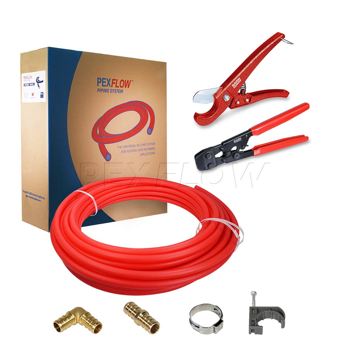 PXKTOB12100 Starter Kit - 1/2 Inch X 100 Feet Oxygen Barrier PEX Tubing, Crimp & Cutter Tool, Oetiker Crimp Rings, Half Clamp, Pex Barb Elbow Straight Coupling Pex Barb Plug, Full Strap w/Nail