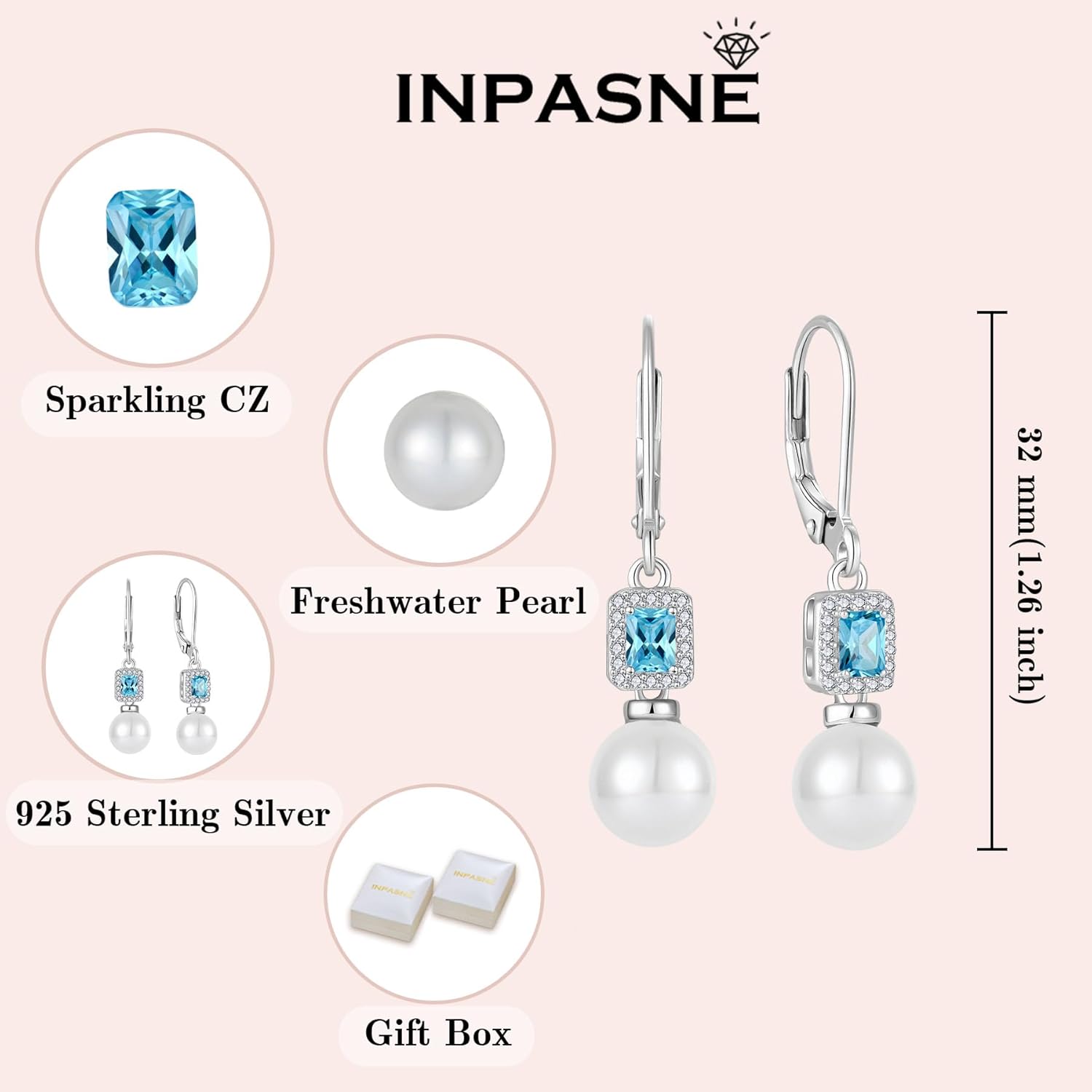 Pearl Drop Earrings Dangling 925 Sterling Silver Emerald Cut Leverback Earrings Birthstone Jewelry for Women - Image 6
