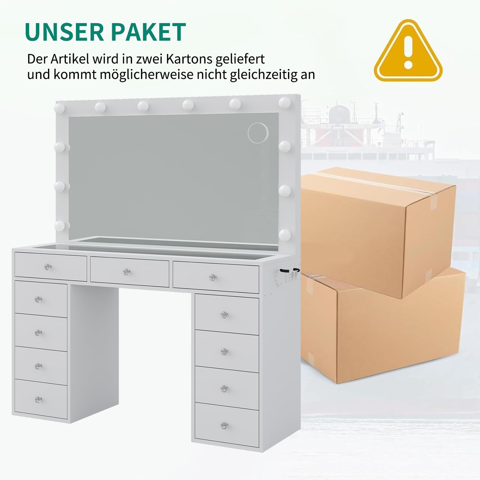 FUSOU Schminktisch mit Beleuchtung und Spiegel, 11 Schubladen, Glasplatte, 12 LED-Lampen, 3 Lichtmodi, Schminktisch mit Hocker & Steckdose, Make-up Tisch für Schlafzimmer & Ankleidezimmer