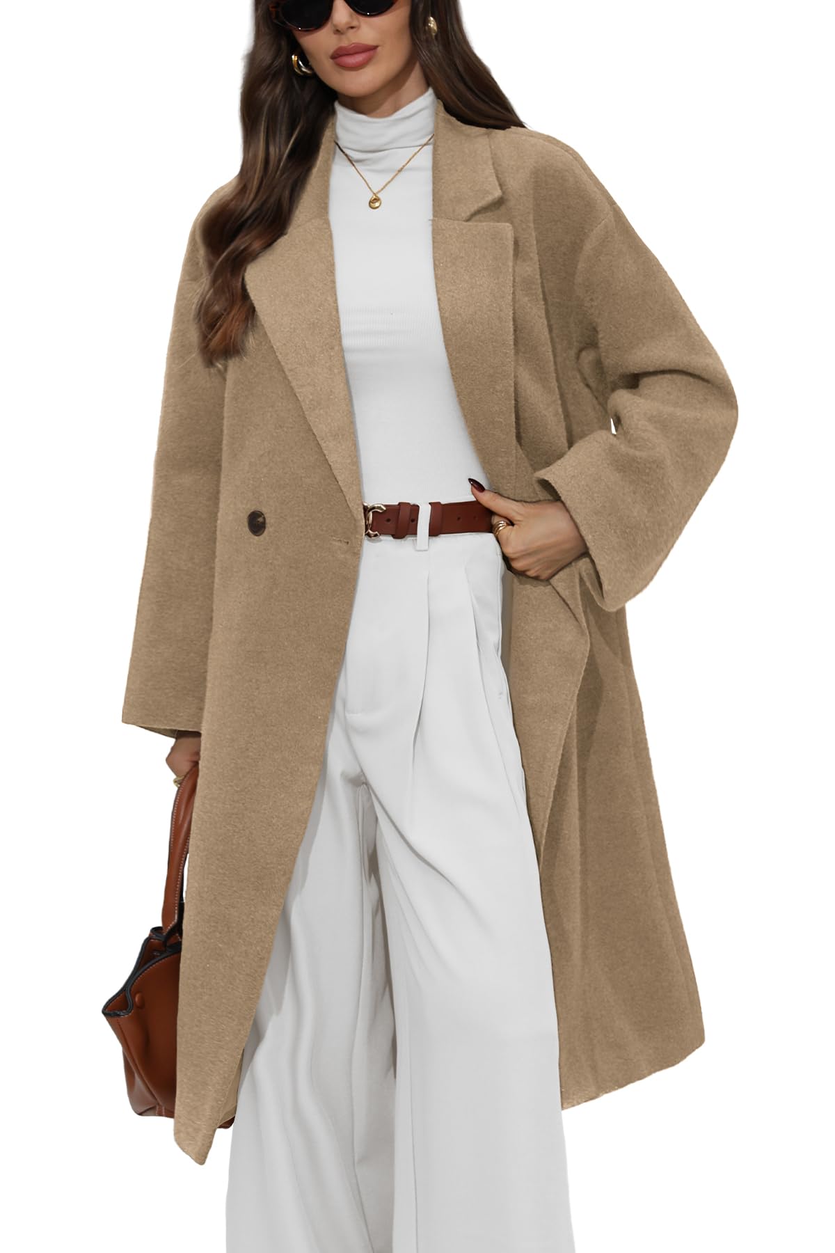 ELLEVEN Womens Long Winter Coat Wool Double Breasted Notch Lapel Peacoat Long Sleeve Trench Coat Casual Outfits with