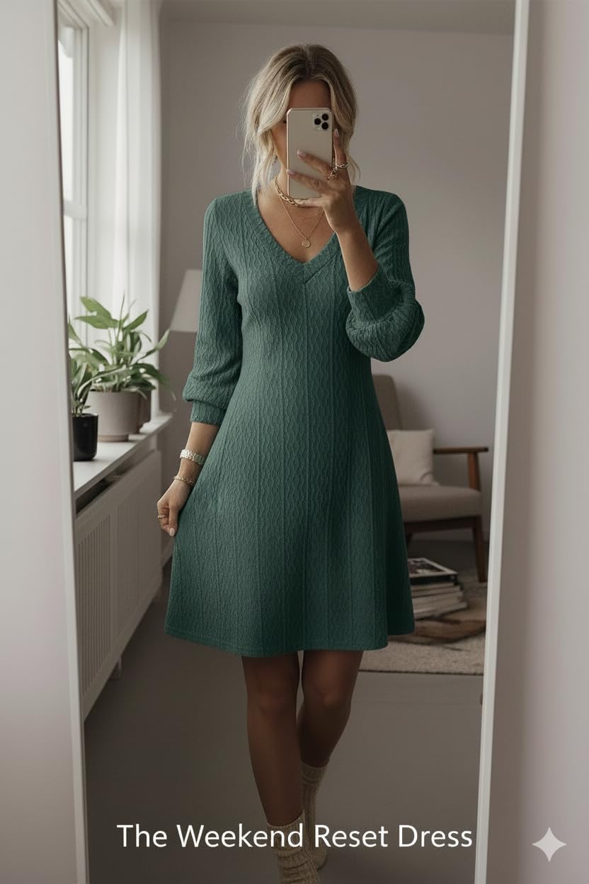 Dokotoo Dresses for Women Trendy V Neck Knit A Line Long Sleeve Dress Sweater Dress - Image 8