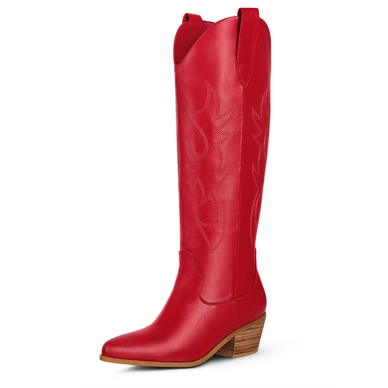 Ouepiano White Cowgirl Boots Women Cowboy Knee High Tall Boots Chunky Heel Pointed Toe Pull-On Western Wide Calf Boats Country Fashion