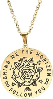 Colar feminino vintage de amuleto viking 316L de aço inoxidável florescendo rosa colar com palavras gravadas Follow You Bring Me The Horizon joias colar