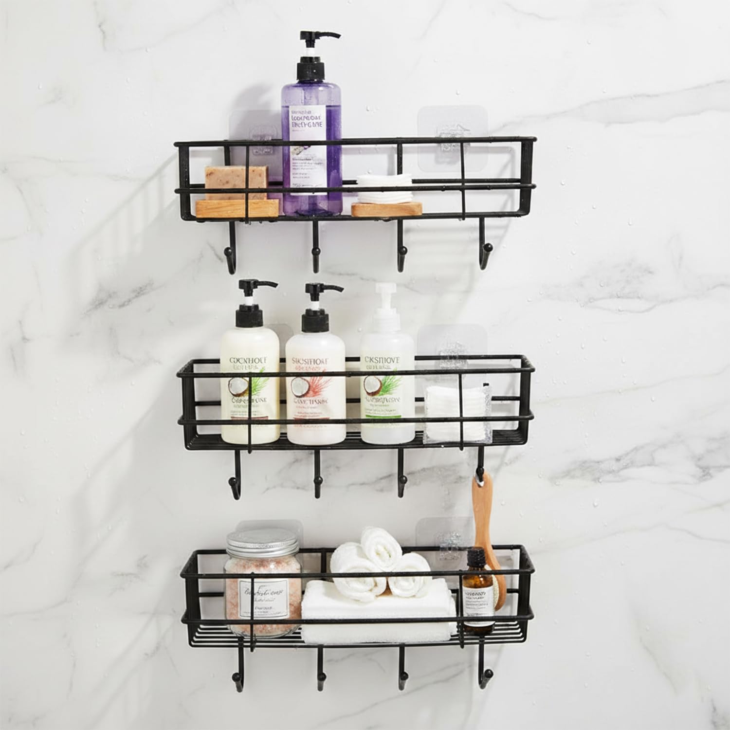 Amazon Basics Self-Adhesive Wall Shelf – No-Drill Multipurpose Bathroom/Kitchen Organizer with Hooks and Towel Holder, R