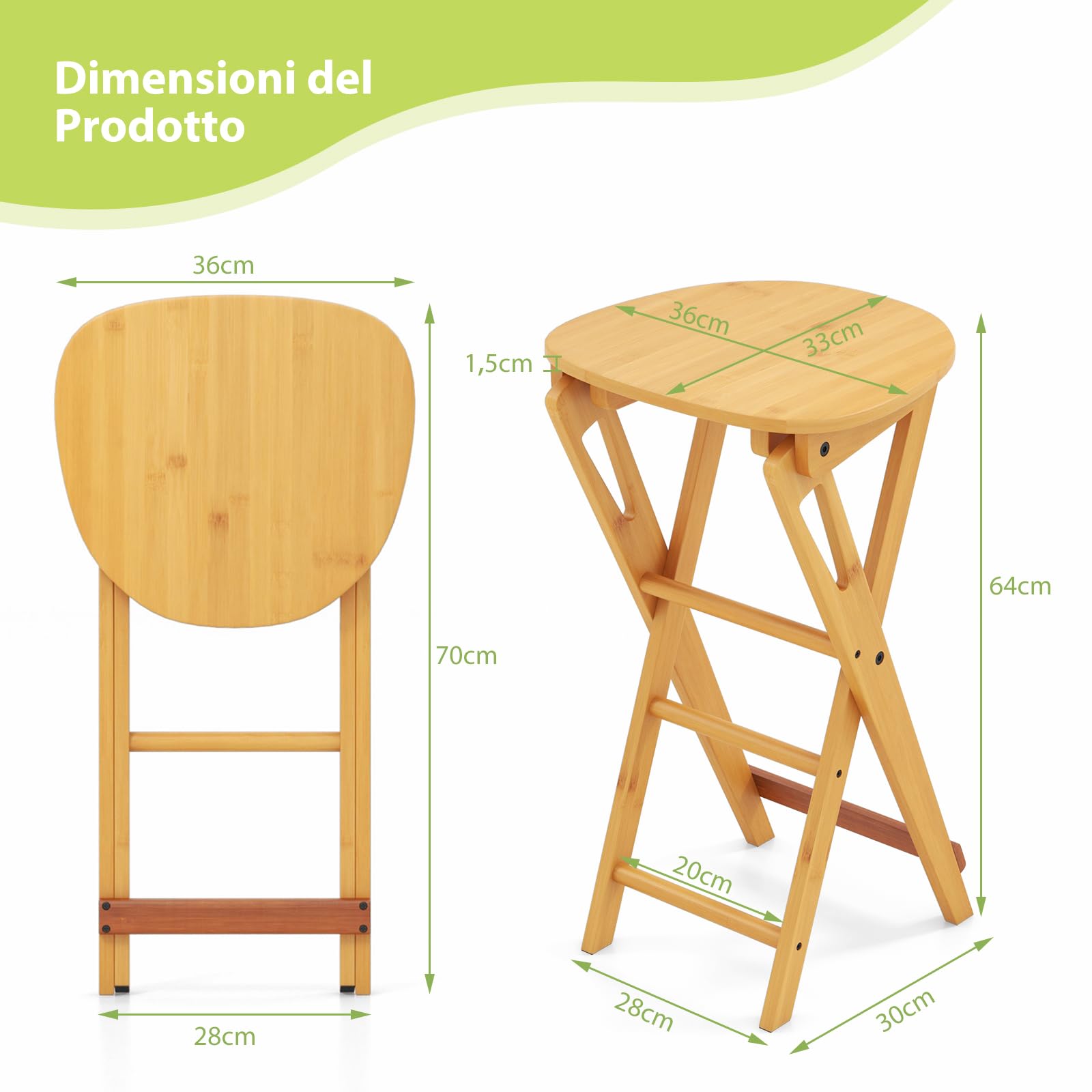 RELAX4LIFE Set di 2 Sgabelli da Bar Pieghevoli in Bambù con Comodo Poggiapiedi e Ampia Seduta, Sedia da Pranzo Leggera e Portatile, Caricabile fino a 150 KG, per Bistrot, Sala da Pranzo (Modello 1)