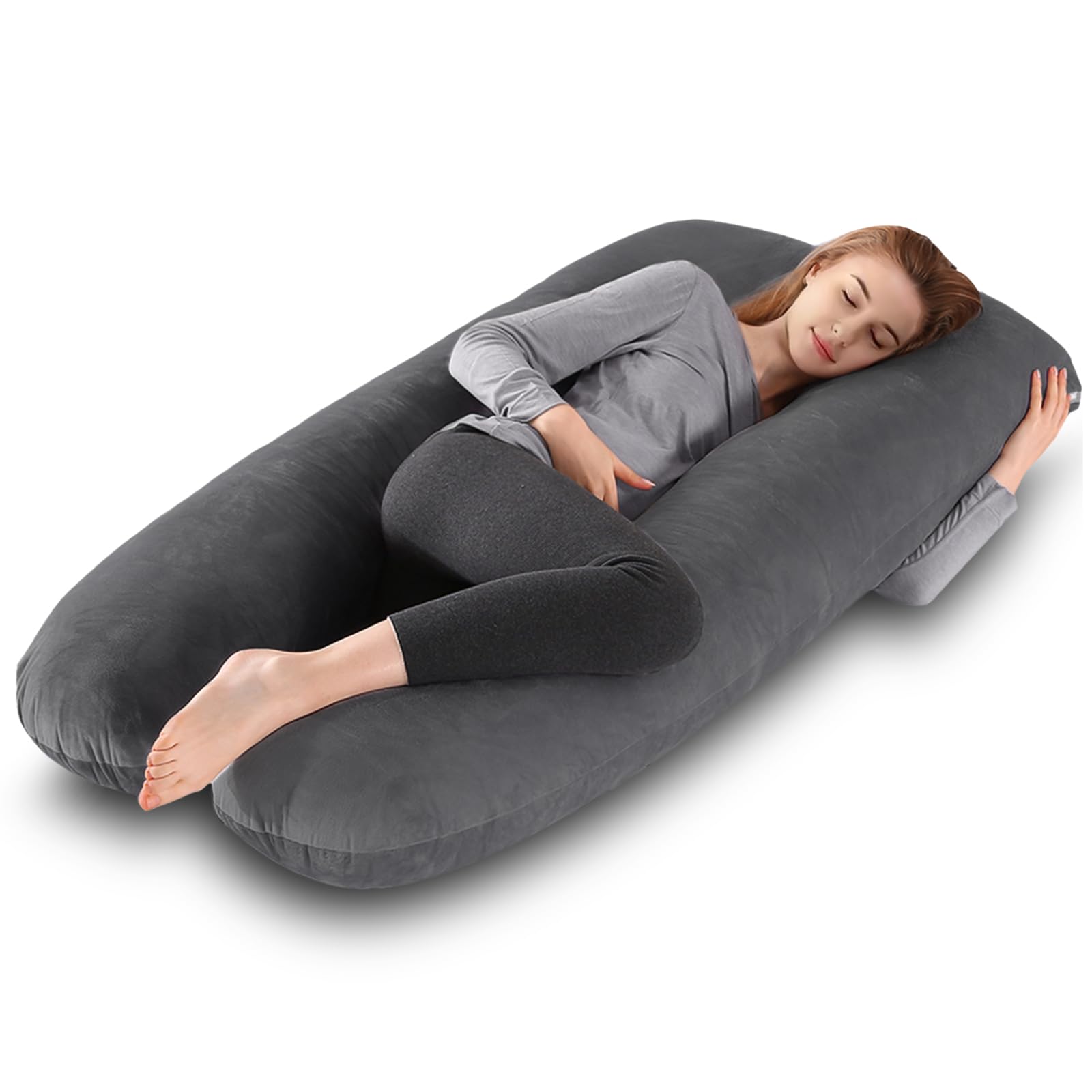 Avmvnvc Almohada Embarazada - Almohada de Embarazo - Almohada de Cuerpo Completo en Forma de U - Almohada de Maternidad con Funda de Terciopelo Extraíble y Lavable - 145x70 cm - Gris Oscuro