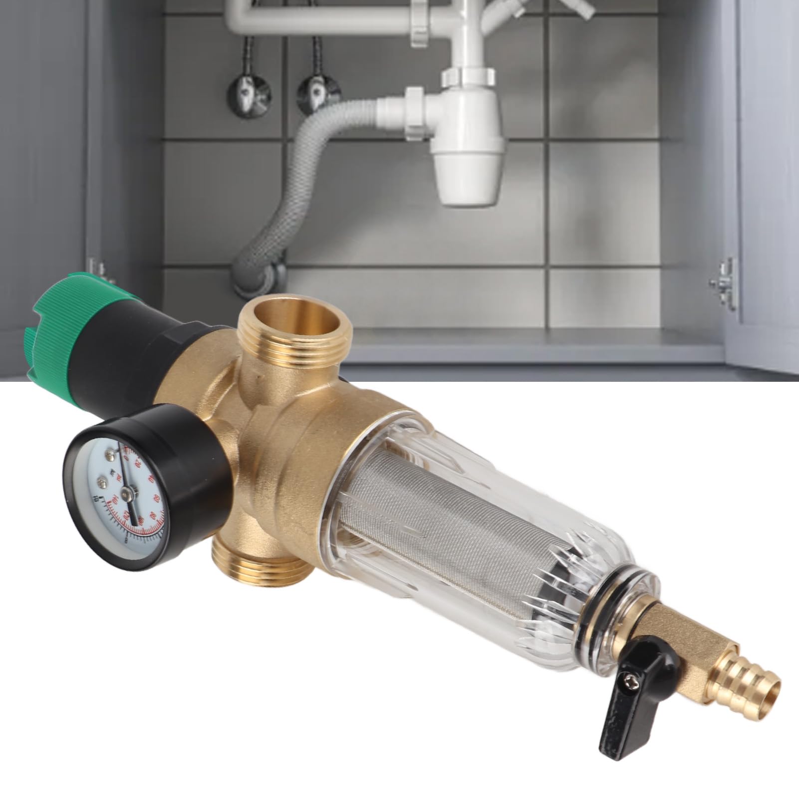Aramox Zawór Regulacyjny Ciśnienia Wody Mosiężny Reduktor Ciśnienia Wody z Manometrem i Filtrem ze Stali Nierdzewnej 304 1 Cal z 3 4-calowym Adapterem do Domowego Systemu Wodnego RV