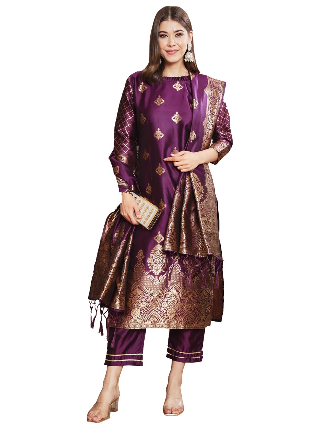 Women's Cotton Silk Jacquard, Banarasi Silk Kurta Pant With Dupatta Set