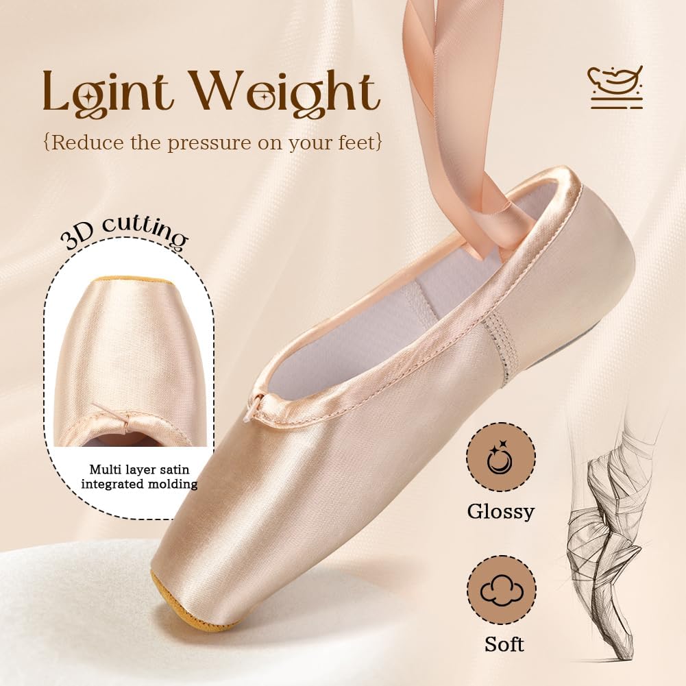 SWDZM Professional Ballet Pointe Shoes Satin for Women Leather Sole Ballet Pointe Dance Shoes with Toe Pads