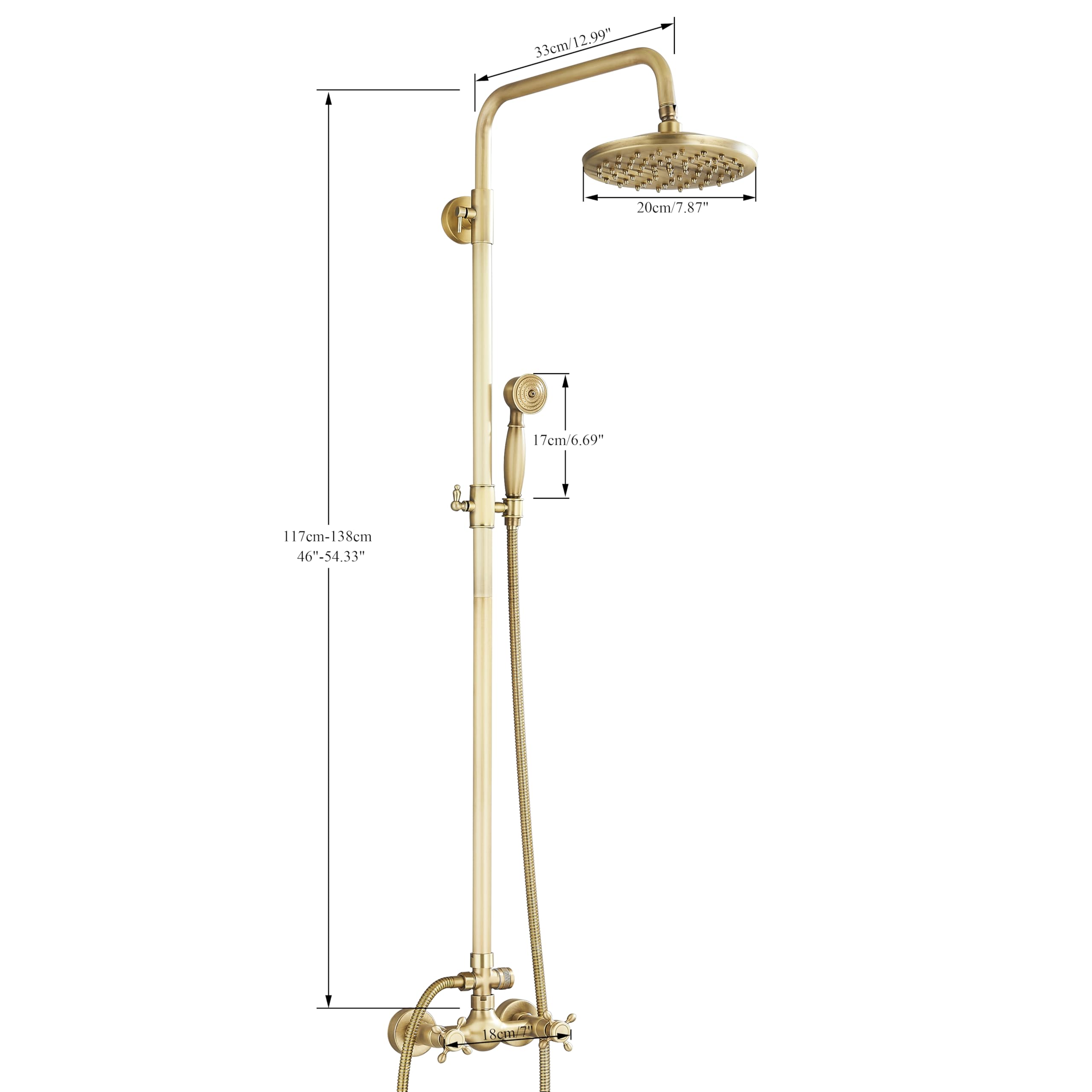 Colonna Doccia con Miscelatore, Miscelatore Doccia In Ottone Vintage Con Doccetta E Soffione 80-120 Cm Regolabile In Altezza