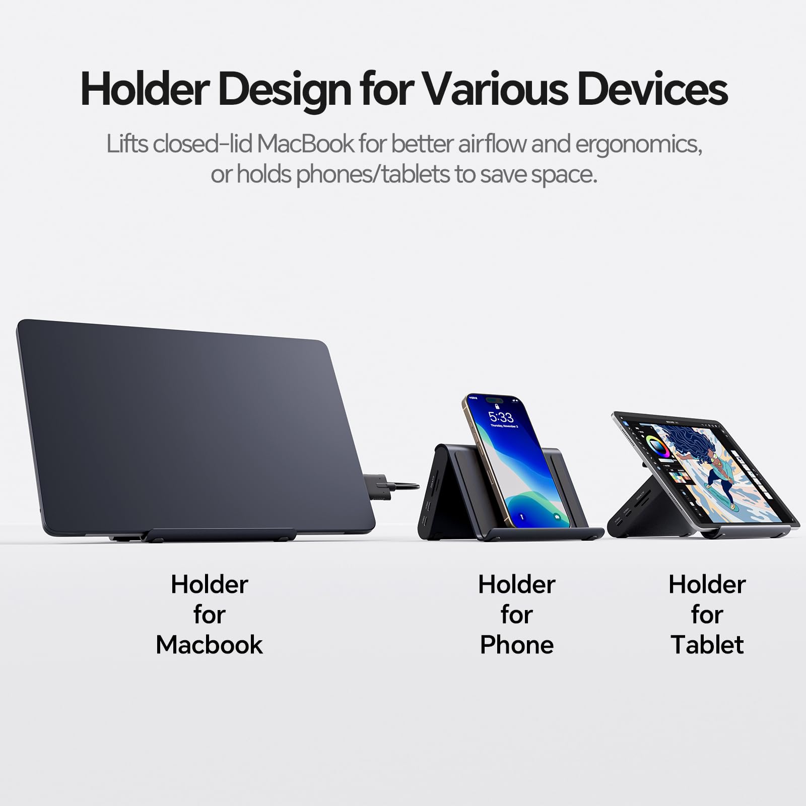 MacBook Docking Station Dual Monitor 4K@60Hz, PD 100W für Pro/Air M4/M5 | PULWTOP Docking Station USB C mit 2xHDMI, 10Gbps USB A/C, Ethernet, Audio, SD/TF, USB2.0 als MacBook Stand - Mitternacht