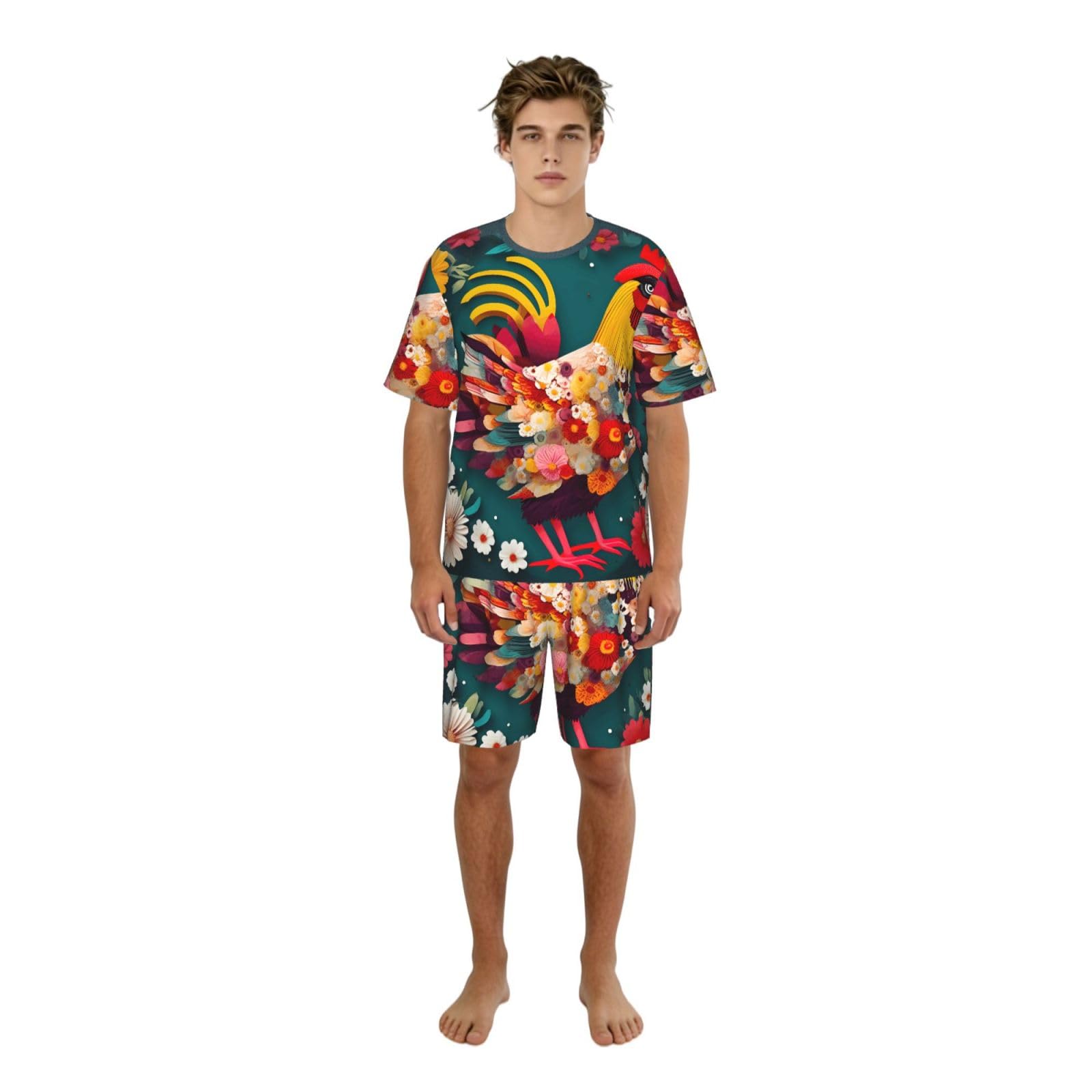 Conjunto de pijama clásico con estampado de pollo y corazón de flores, pantalones cortos de pijama suaves para hombre, perfecto para las noches de verano