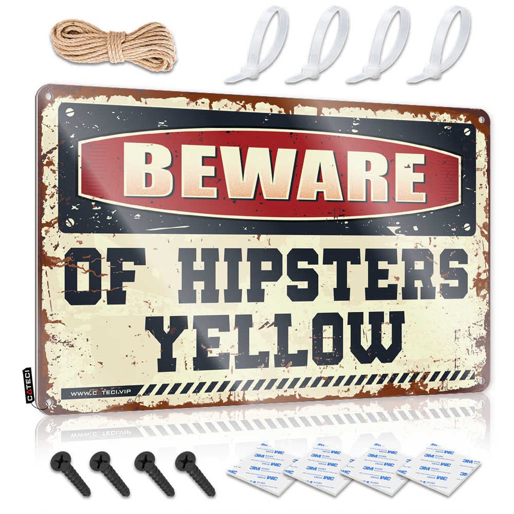 ZTBBDNQHA Man Cave Wall Decor Beware Of Hipsters Yellow Sign Beer Signs For Man Cave Funny House Decor(20X30CM)