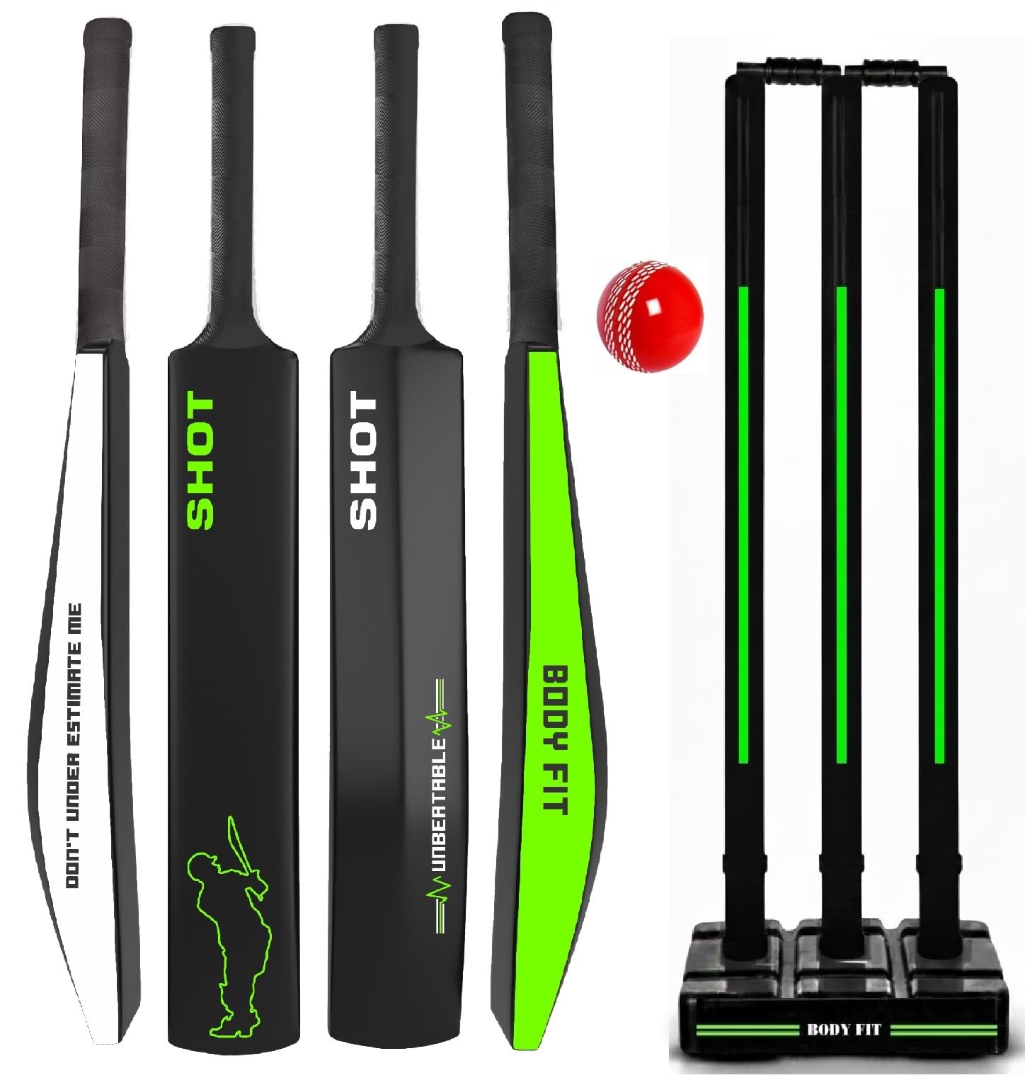 Bodyfit Heavy Duty Plastic Premium Cricket Kit Set | Lightweight| Full Size| | Hard Plastic Bat| Premium Cricket Wicket Set l 3 Stumps+2 Bails+1 Stand Set, 1 Ball, Shot Green.