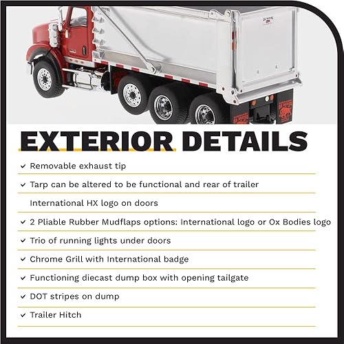 Miniatura 6 de Diecast Masters International HX620 Tandem Dump Truck with Pusher Axle + Ox Bodies Stampede Cab 1:50 Scale Model Semi Trucks Red by 71076