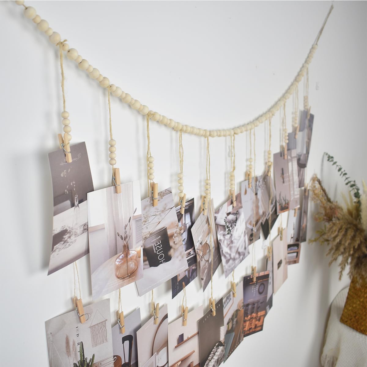 Les-Theresa Cadre Photo Mural Bohème Avec Corde Et 20 Pinces - Perles Bois & Eucalyptus Pour Décoration Maison