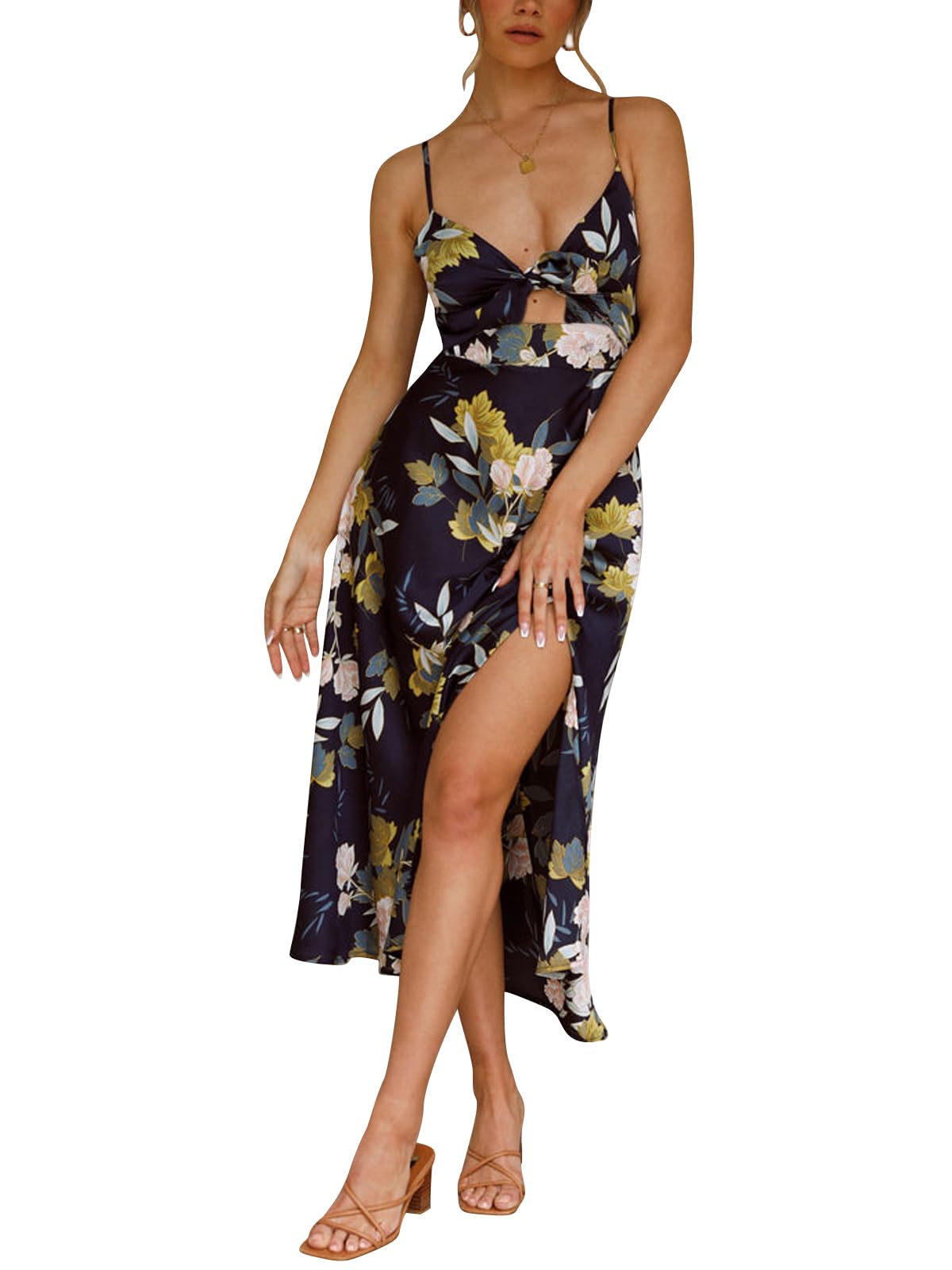 FashionmeWomen's Floral Boho Dresses Tie Belt Flowy Mini Dress Aline Vacation Beach Party