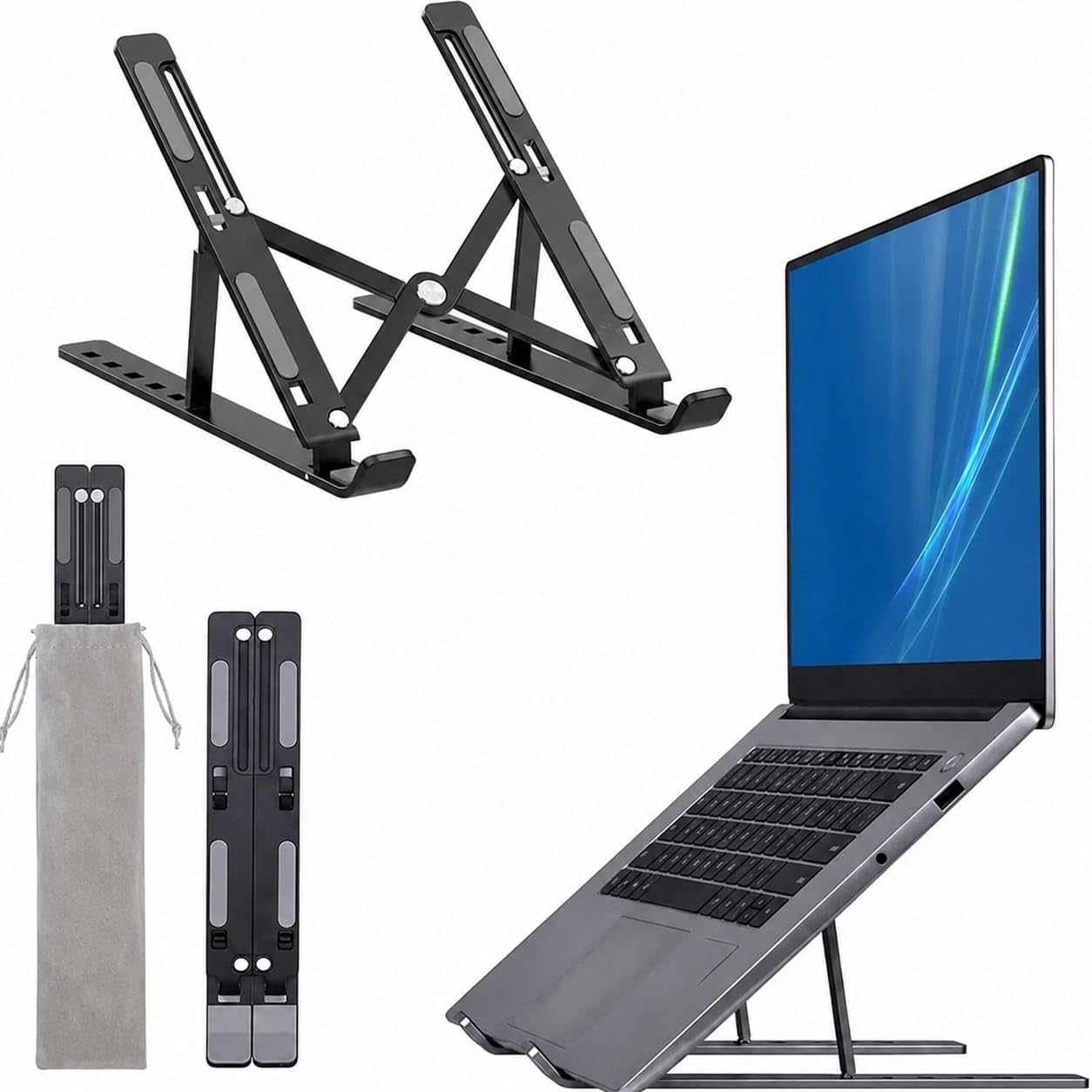 Foldable Aluminum Laptop Stand, Silver | Adjustable Portable Laptop Riser, 6 Viewing Angles, Anti-Slip Silicone Pads, Ventilated Notebook Stand, Carrying Pouch-image-5