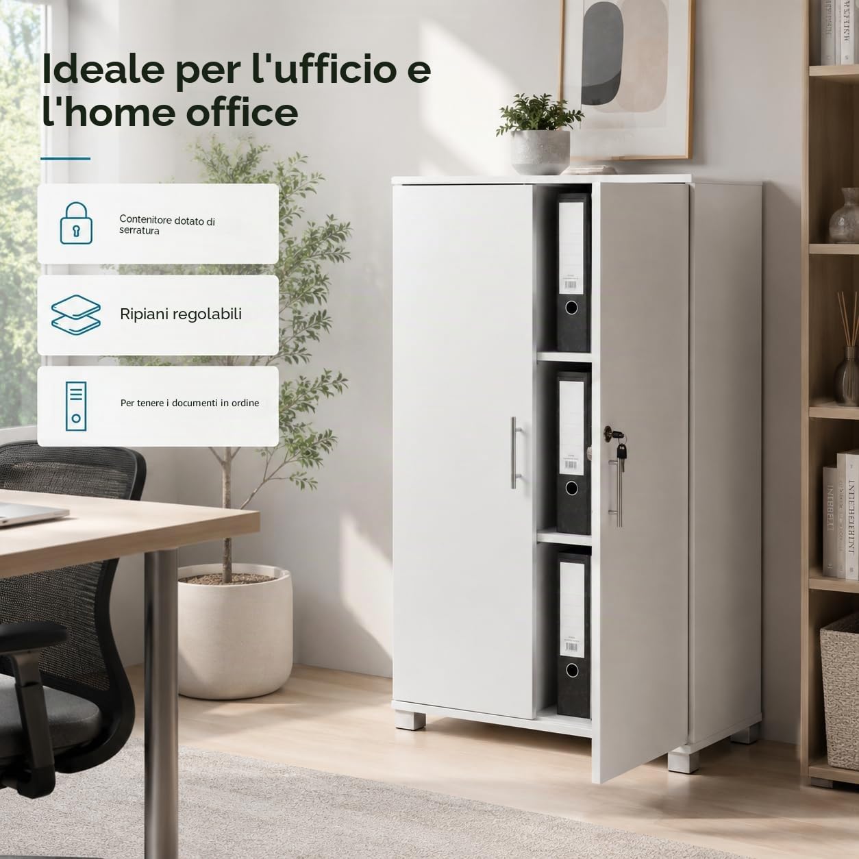 MMT - Armadietto da ufficio, in legno bianco, altezza 120 cm, con serratura, per ufficio, garage, utilità. | Garage, Utility, Piedini regolabili, Ripiano regolabile, Anti-ribaltamento, 3 Ripiani