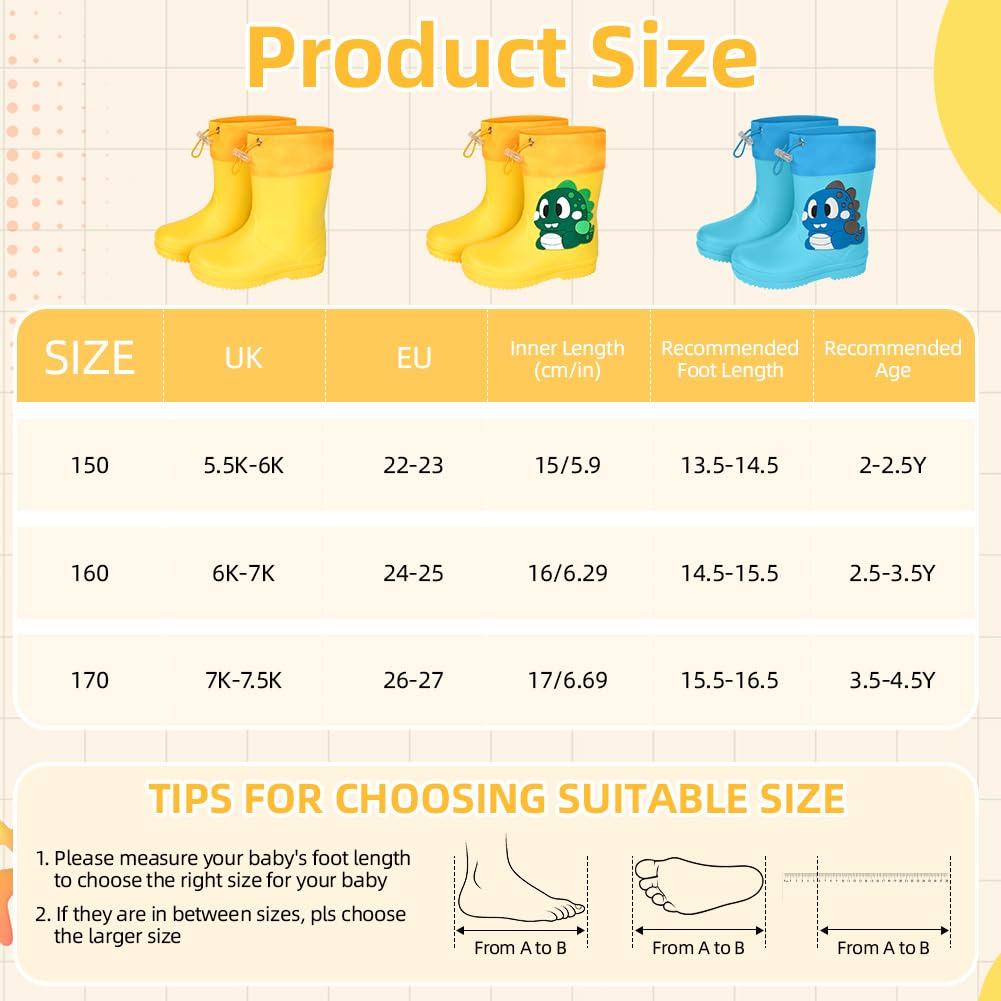 Aomig Botas de Agua Niños, Botas de Lluvia de Dinosaurio, Impermeable y Antideslizante con Cordón Ajustable en el Cuello, Bota de Agua Ligera — view 3