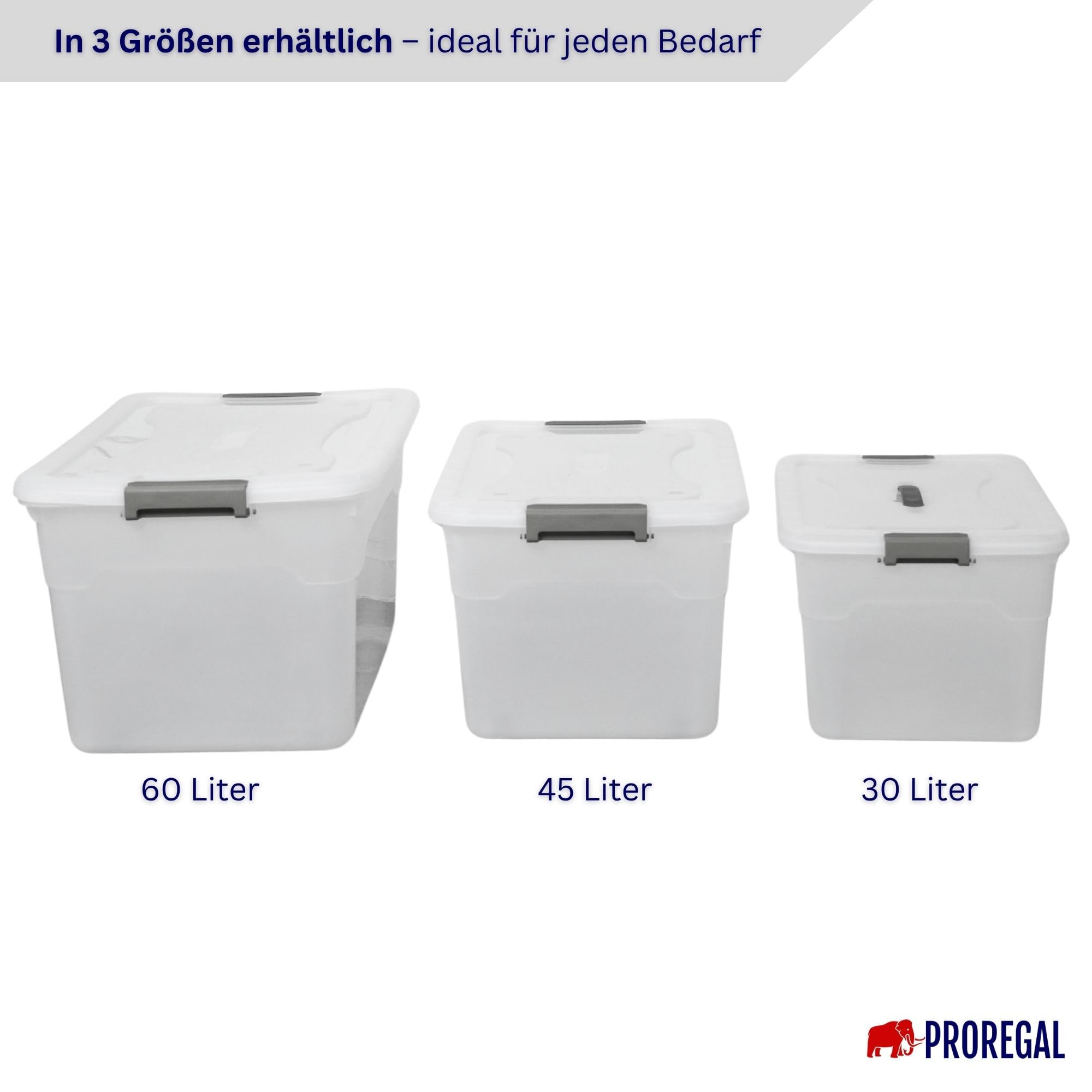 PROREGAL Aufbewahrungsbox mit Deckel 60L im 4er Set, Extra Groß, Rollen, Plastikbox transparent stapelbar, Kunststoffbox Verschlussclips, Stapelbox Kunststoff, Aufbewahrungsbehälter für Küche Haushalt