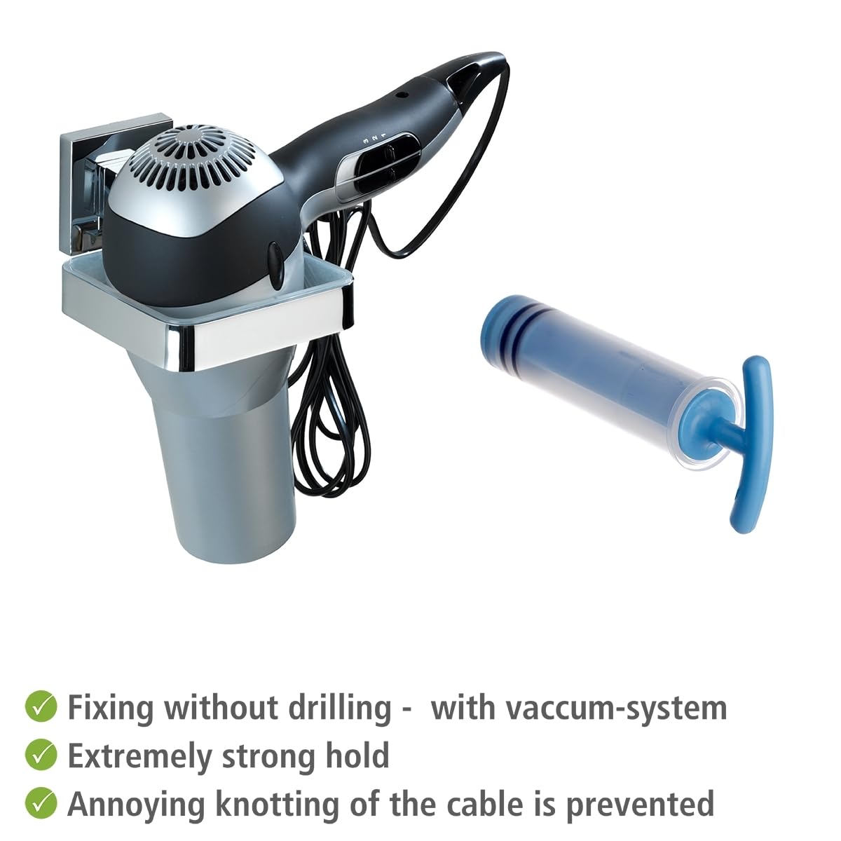 WENKO Vacuum-Loc® porta asciugacapelli in acciaio inox Quadro, Acciaio inossidabile, 14 x 7.5 x 13.5 cm, Lucido