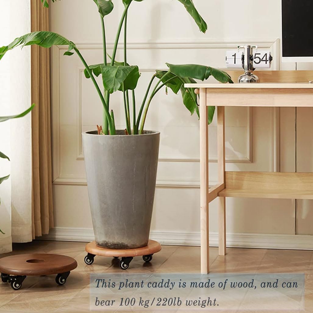 Large Wood Round Plant Caddy with Wheels, Heavy Duty Rolling Plant Stand with Locking Casters, 220lb Capacity Planter Dolly for Outdoor Flower Pot Roller Base Plants Movers 9inch