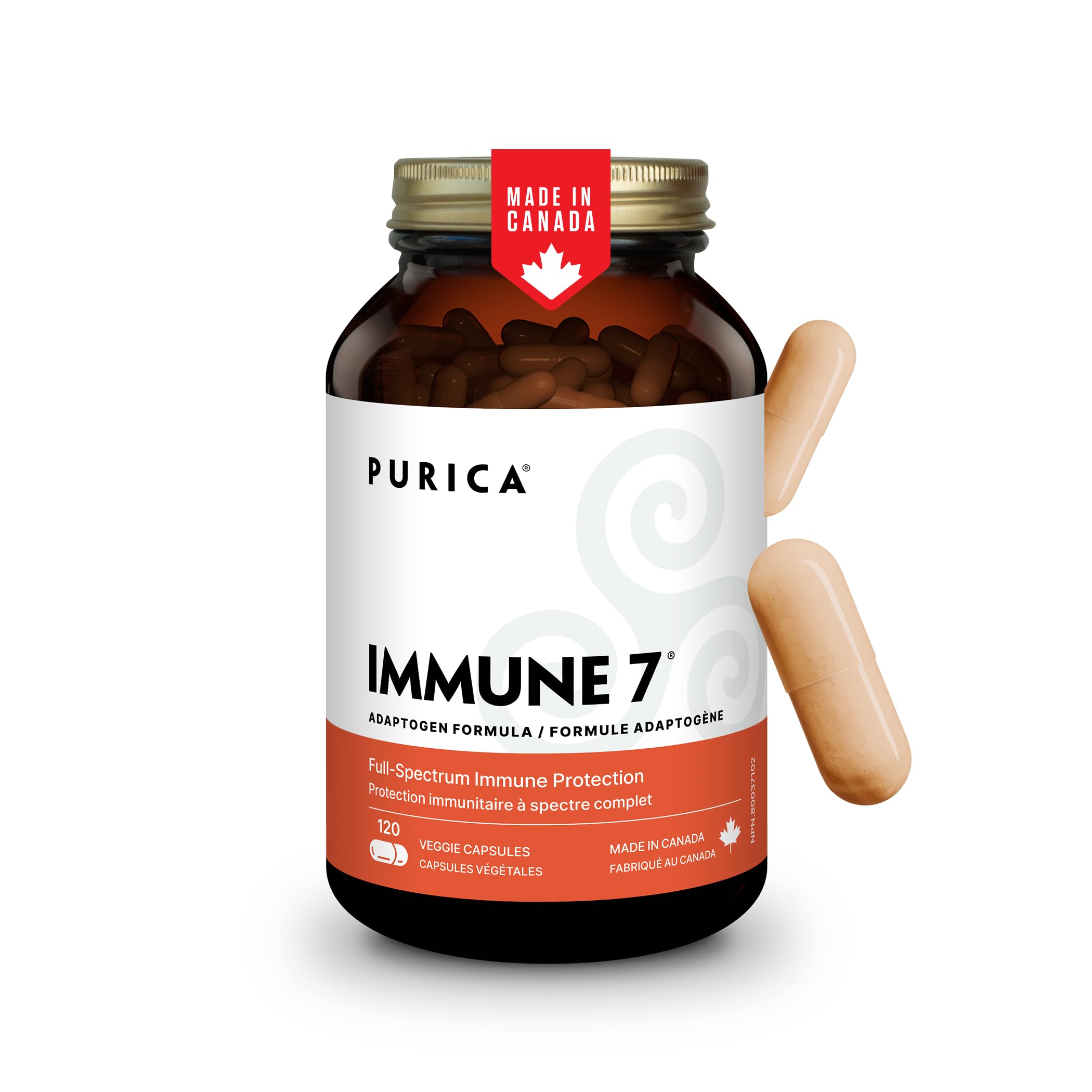 PURICA - Immune 7 Complex, 120 Vegan Capsules 120-Day Supply - Blend of Organic Sun Mushroom, Cordyceps, Red Reishi, Maitake, Shiitake & Turkey Tail for Daily Wellness & Balance, Non-GMO & Gluten-Free