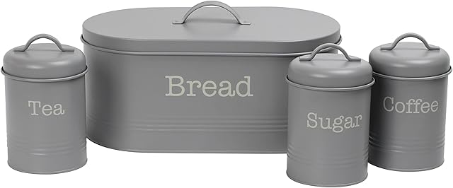 EHC 4 Piece Kitchen Storage Tight Fitting Lids - Countertop Space-Saving, Includes Bread Bin, Tea, Coffee & Sugar Caddy Tins Containers Canister Storage Jars Pots Set, Grey