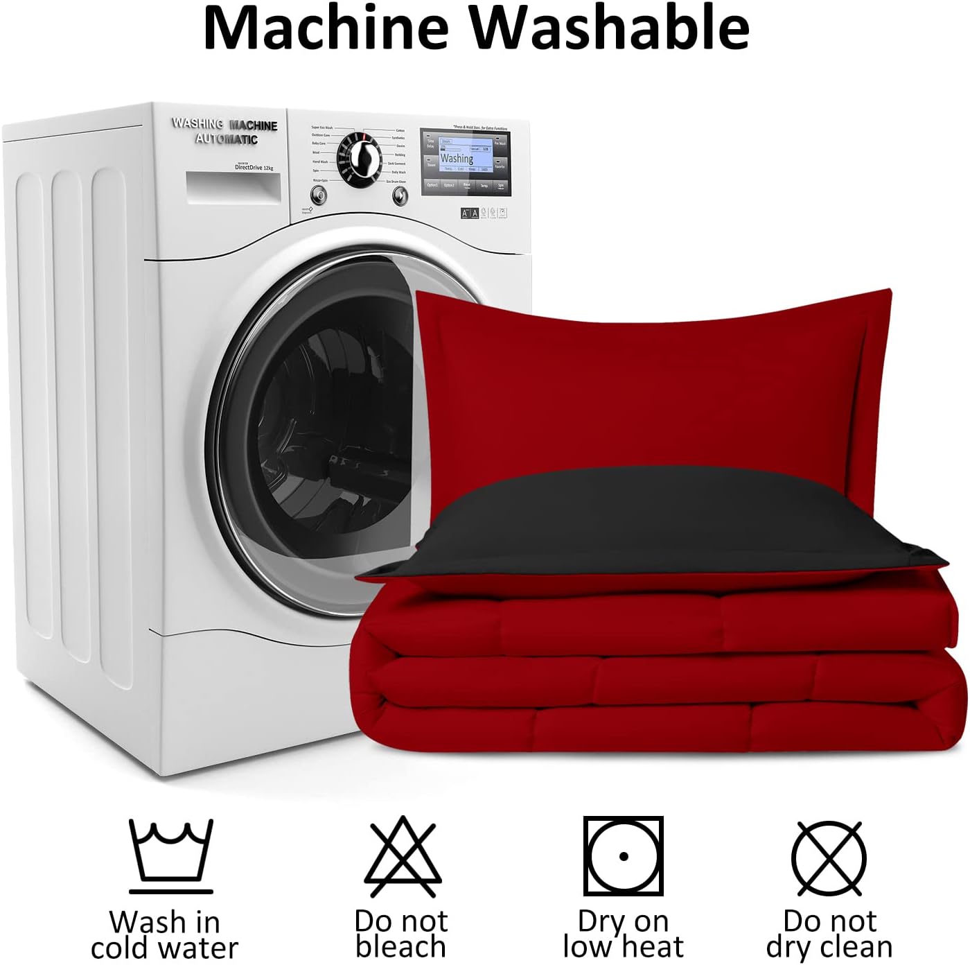 LOVTEX 3PCS Black and Red Comforter Set Queen - Ultra Soft Washed Microfiber Comforter Queen Set - Reversible Down Alternative Red Comforter Queen with 2 Pillow Shams(Red/Black)