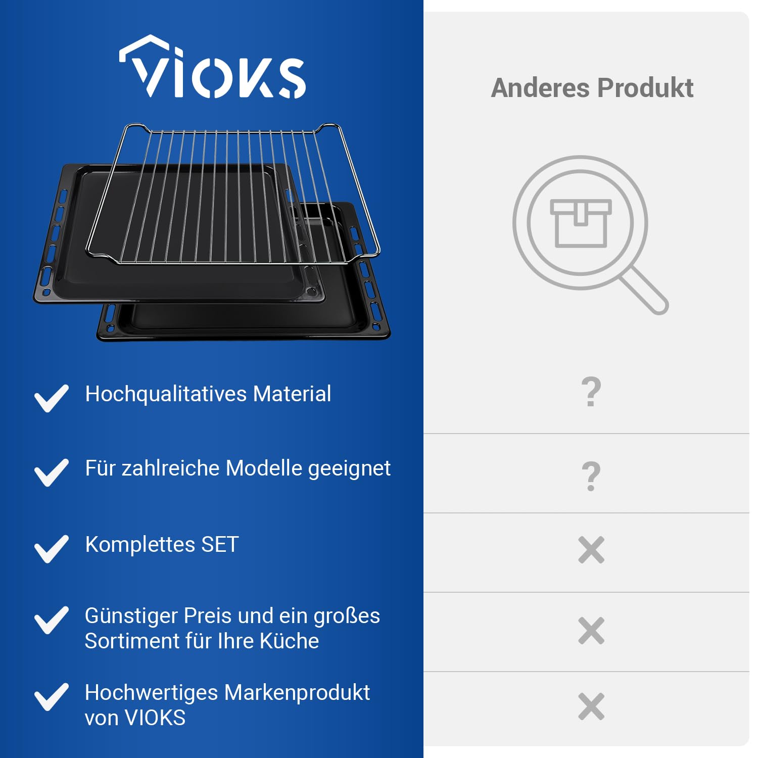 VIOKS 2x Tiefes Backblech 445 x 375 mm Emailliert Ersatz für Whirlpool 481010683241 481010683239 + Gitterrost für Backofen Ignis Bauknecht | Tiefes Blech, 445 x 375 mm Emailliert, Gitterrost, für Ofen Ignis Bauknеcht