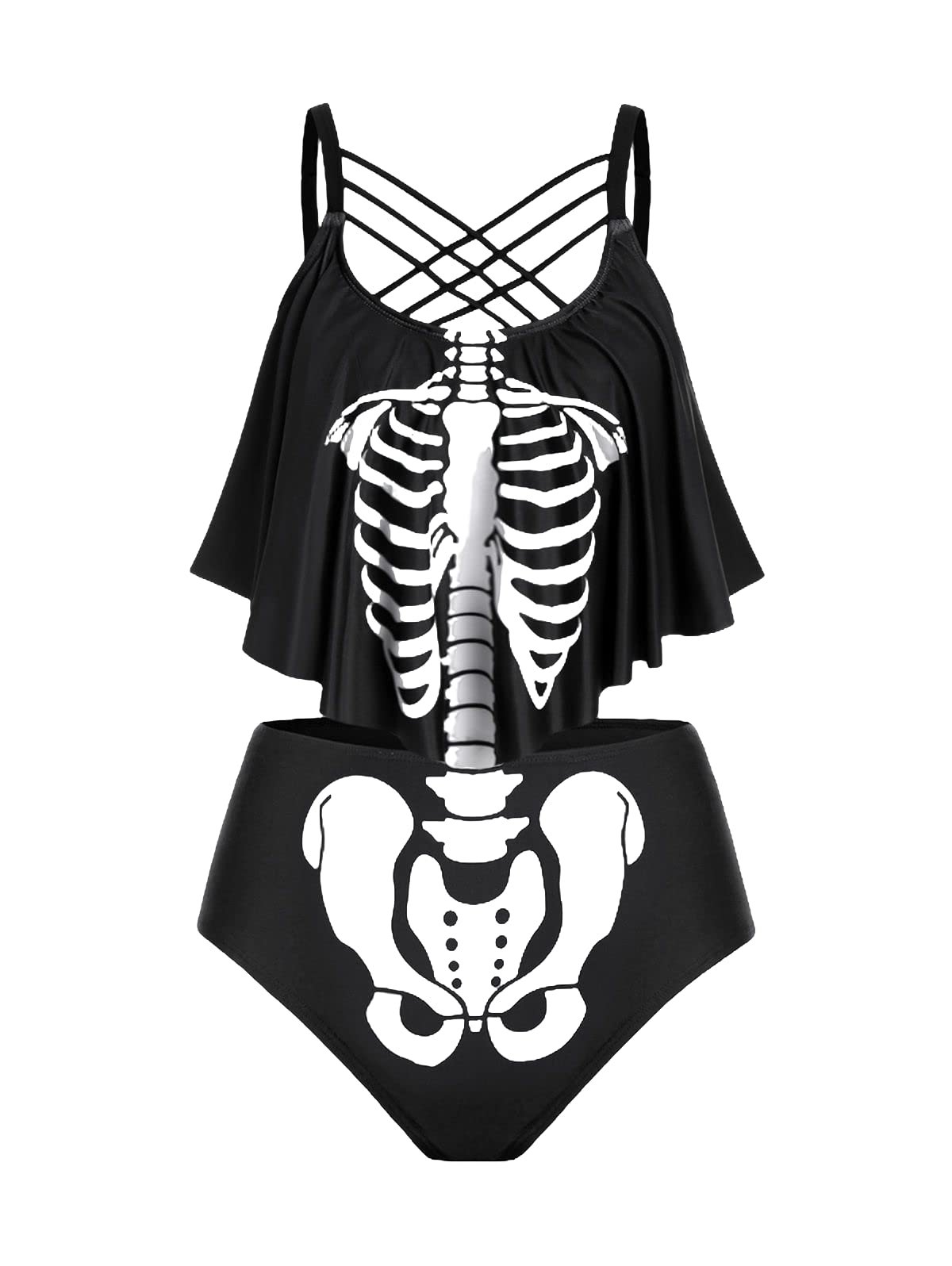 Rosegal Womens Plus Size Skeleton Print Flounce Crisscross Strappy Tankini Swimwear Set
