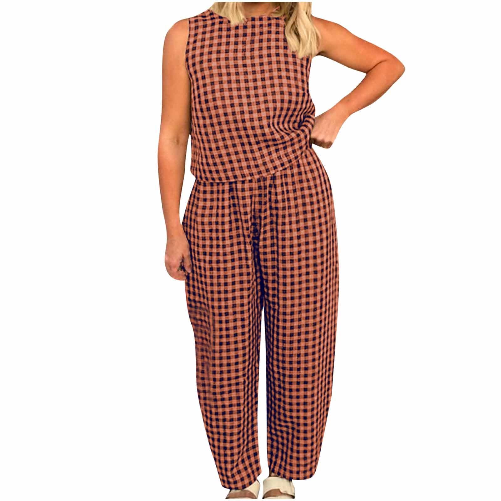 Women 2 Piece Summer Outfit Plaid Lounge Wear Sets Sleeveless Crop Tank Tops and Long Pant Set with Pocket Tracksuit