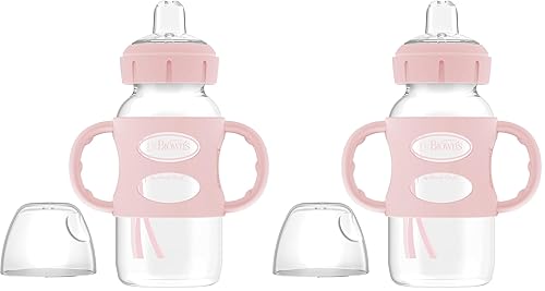 Dr. Brown's Milestones - Botella de cuello ancho con asas 100% de silicona, botella de fácil agarre con boquilla suave, 9 oz9.1fl oz, sin BPA, rosa