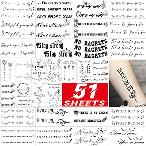 Fiyachy 51 Sheets Realistic Inspirational Quotes Temporary Tattoos For Women Men, Black Inspirational Words Letters Lettering Fake Tattoos For Adults Kids Finger Tatoos, Tiny Wild Flower Lavender Floral Bouquet Tattoo Sticker Arm Neck #TOP6