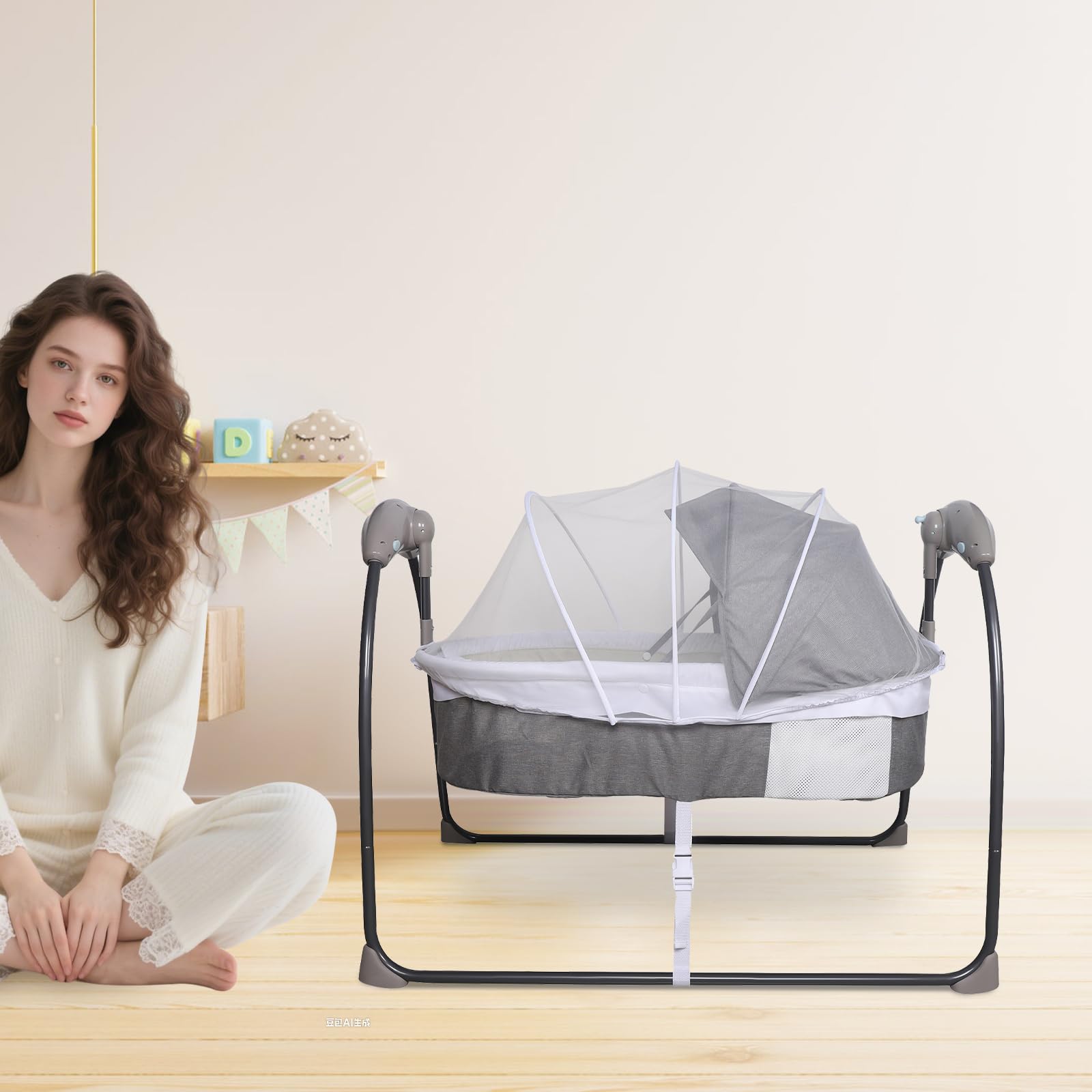Babybett Baby Schüttelbett 0-12 Monate 10kg 80x44x25cm 8-30min 3 Stufen | Elektrisches Babybett Babywiege elektrisch 180° flache Position 8/15/30min Timer Bluetooth Fernbedienung Moskitonetz
