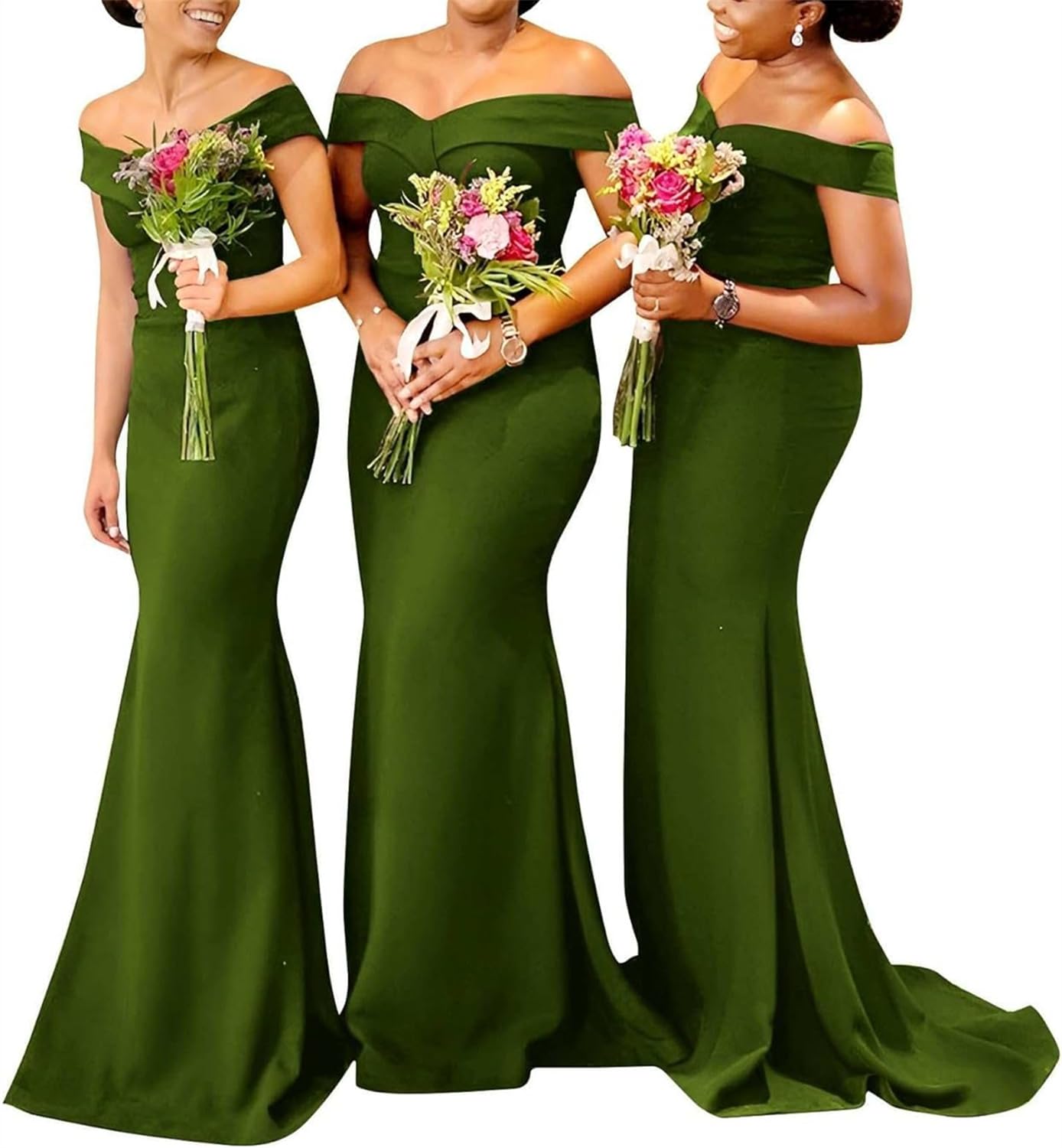 KURFACE Long Mermaid Bridesmaid Dresses Plus Size Off Shoulder Prom Dress Olive Green for Women Satin Maid of Honor UK20