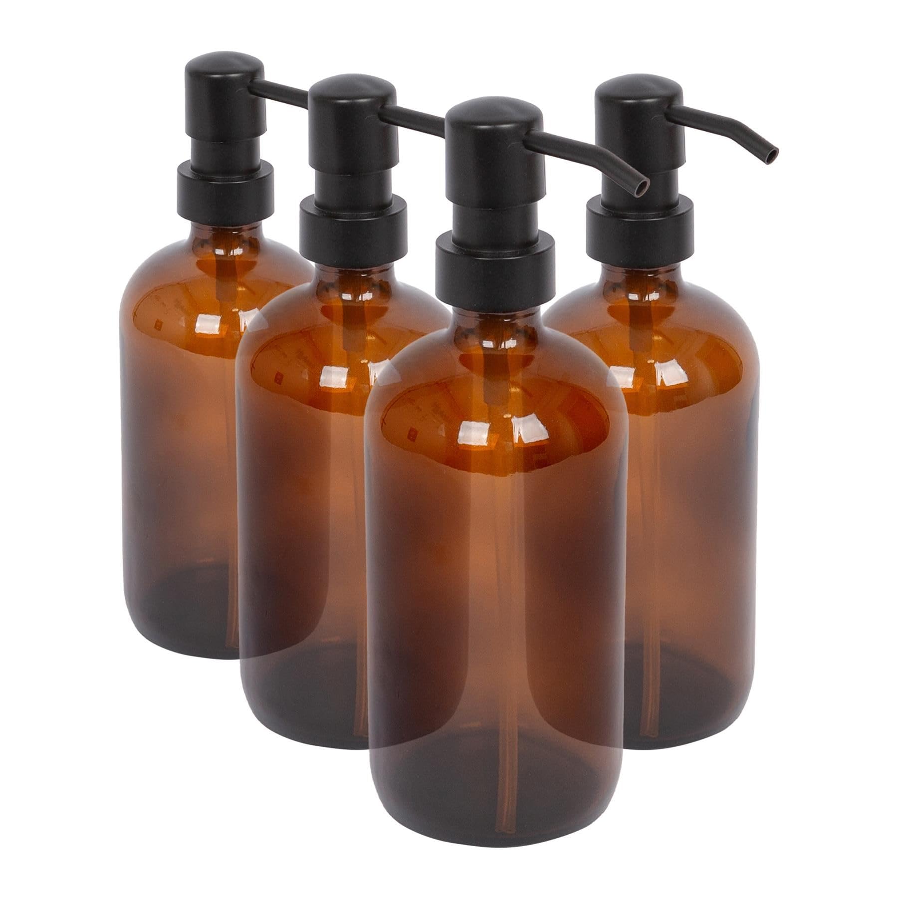 Harbour Housewares Amber Glass Soap Dispensers Pack of 4-500ml Refillable Bottles with Black Pumps - Bathroom and Kitchen Accessories for Hand Wash, Lotion or Washing Up Liquid