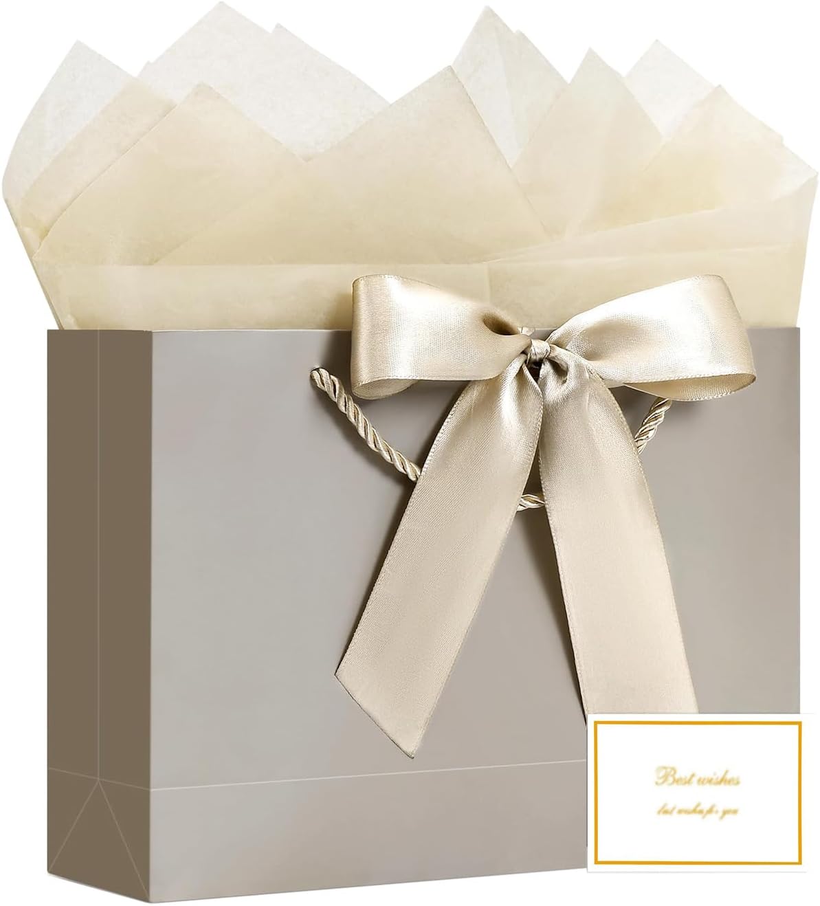 Gift Bags with Handles, 13” Medium Gift Bag for Presents, 1 Pcs Bags with 2 Tissue Paper and 1 Cards for Baby Shower Wedding Bridal Shower Mother's Day Birthday Party（champagne gold）