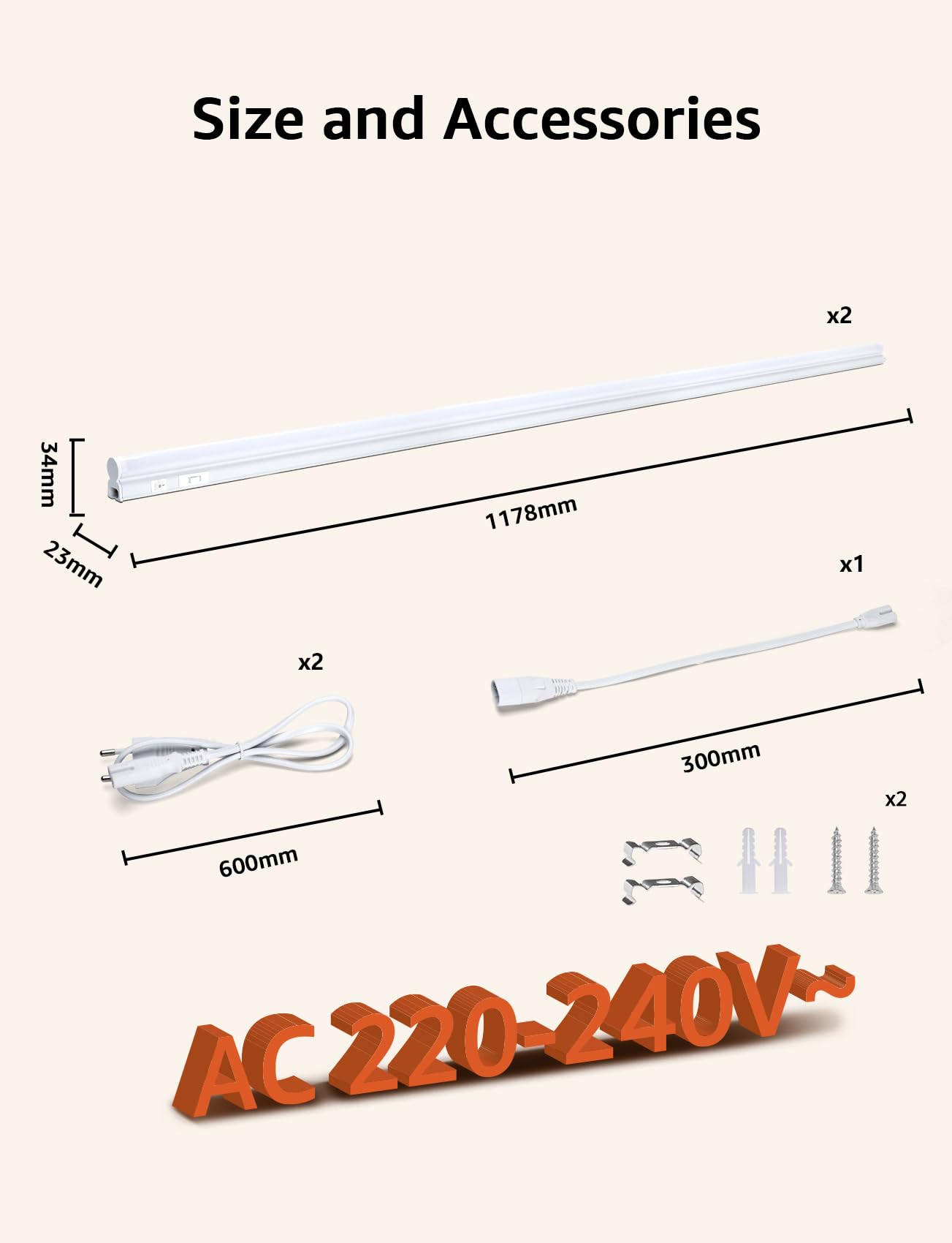 Aigostar Luz LED Cocina con Interruptor 18W Luces Armarios, 3000K/4000K/6500K, 230V Regleta LED Bajo Armarios para Cocina, Vestidor, Armario 1178 * 34 * 23mm, 2 pcs