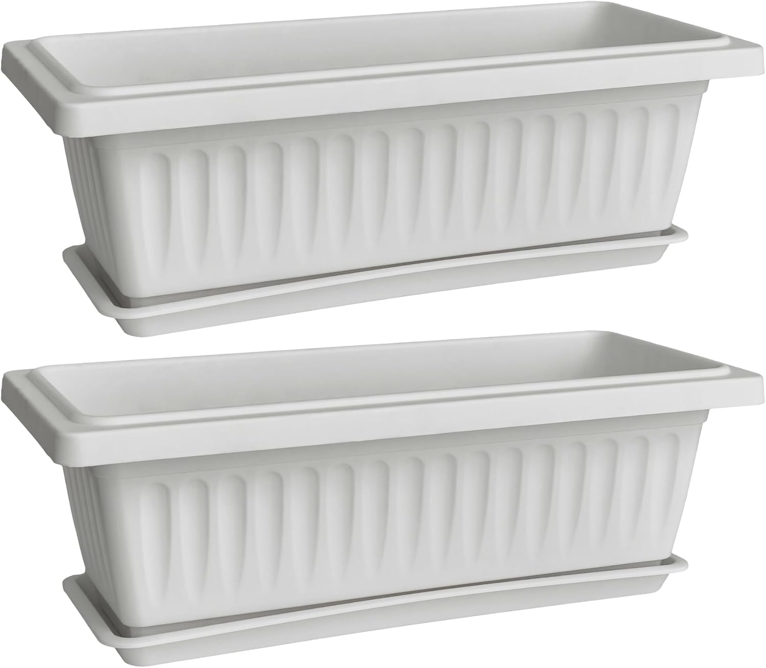 19 Inch Rectangular Plastic Planters with Drainage and Matching Trays, Set of 2, Window Box Flower Pots for Indoor Outdoor Use (White)