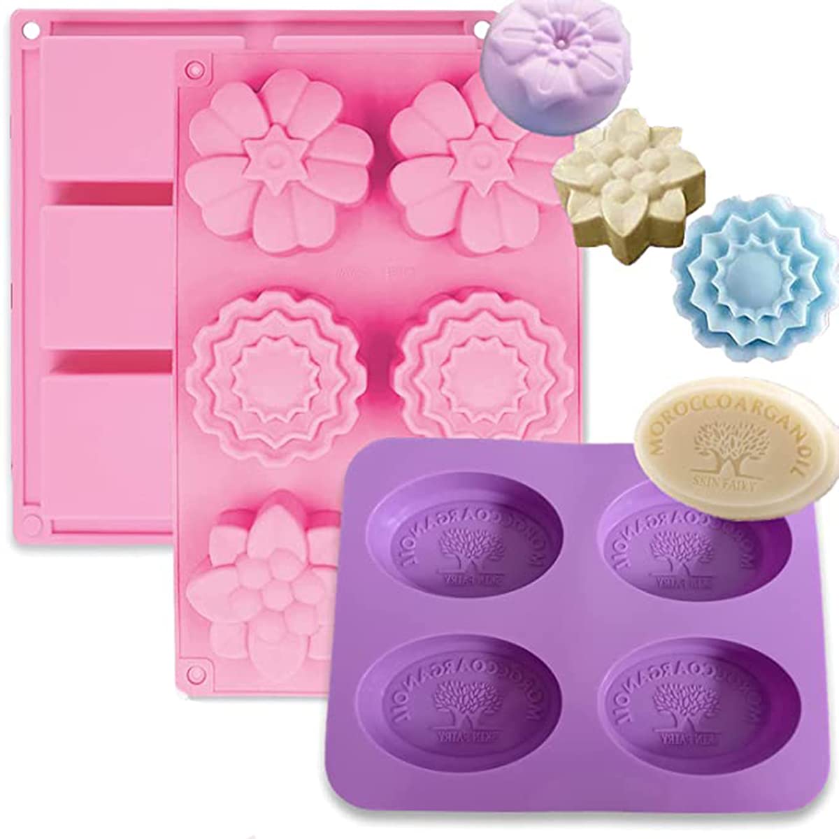 KASTWAVE 3 Pack Silicone Soap Molds 6 Cavities Silicone Soap Mold Rectangle Oval and Flower Shapes Soap Molds Perfect for Soap Making Handmade Cake Chocolate Biscuit Pudding (Random Color)