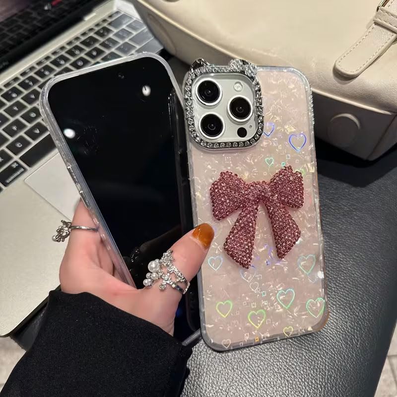 Image of mobistyle Compatible with iPhone 15 Pro | Rhinestone Bow Elegant Heart Shell Pattern and Camera Lens Protection Back Cover Case for Women Girls iPhone 15 Pro (Pink)