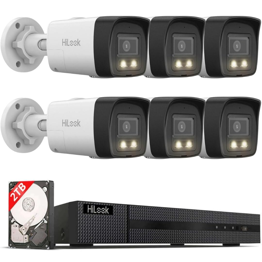 HiLook® by HIKVISION Überwachungskamera Set 6X 8MP 4K PoE Bullet Kameras mit Hybrid Light Nachtsicht und KI Personen Fahrzeugerkennung NVR 8CH 2TB HDD wetterfest IP67 App Steuerung Plug and Play