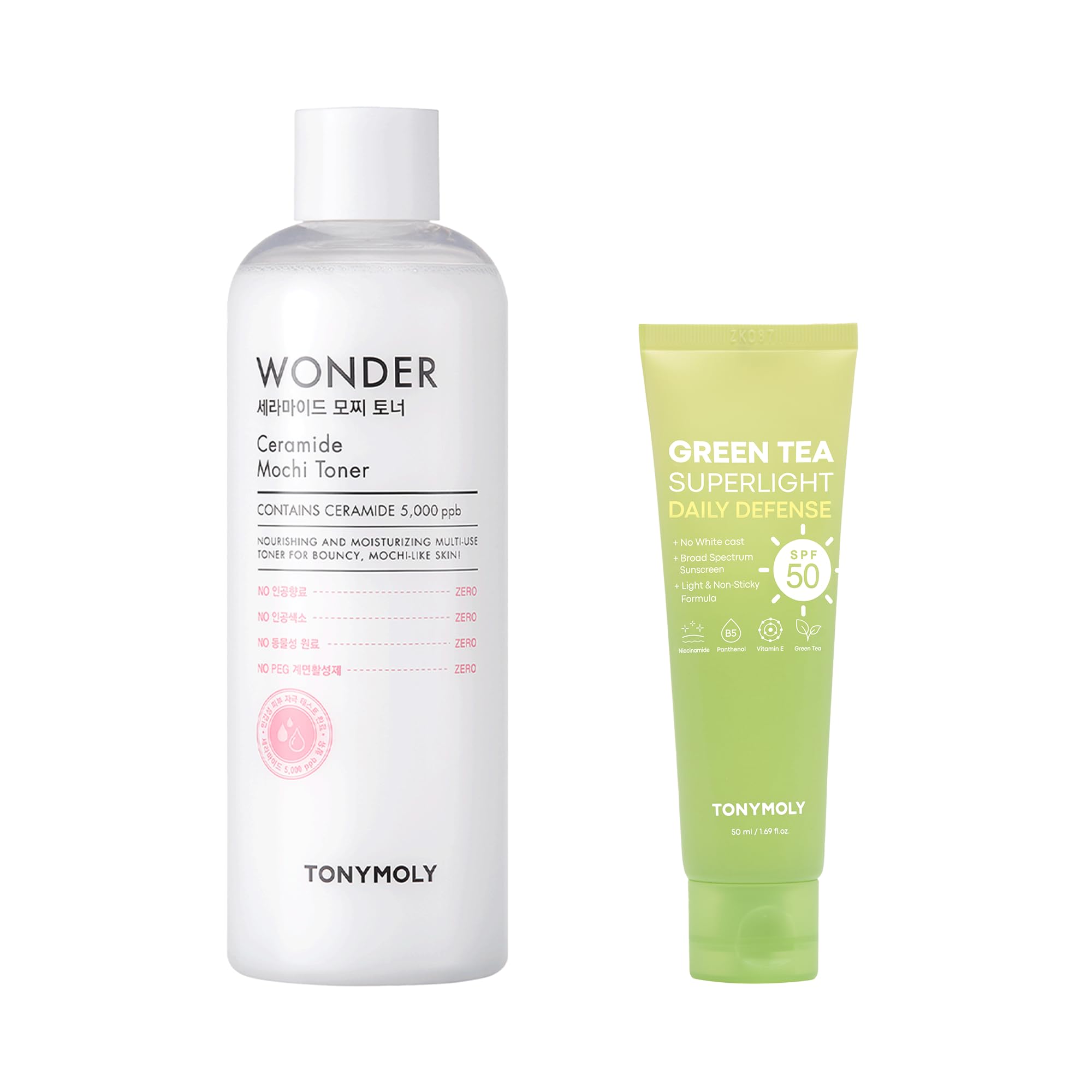 TONYMOLY Green Tea SPF 50 Sunscreen and 16 9 oz Wonder Ceramide Mochi Toner Skincare Bundle