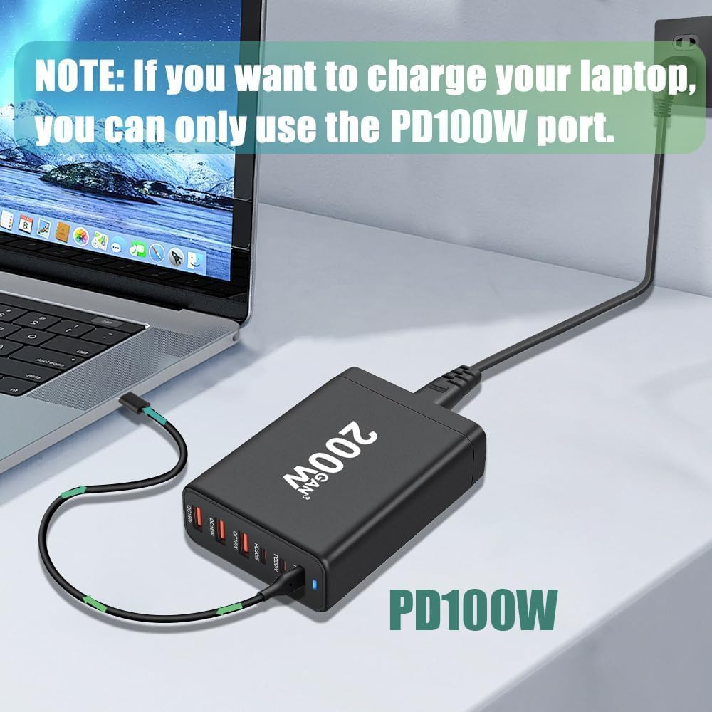 Stazione di ricarica USB 200W 6 porte, caricatore GaN III PD 100W USB-C & USB-A per computer portatili e telefoni (adattatore rapido), compatibile con MacBook Pro/Air, Dell XPS, iPhone 15/16/14 Pro